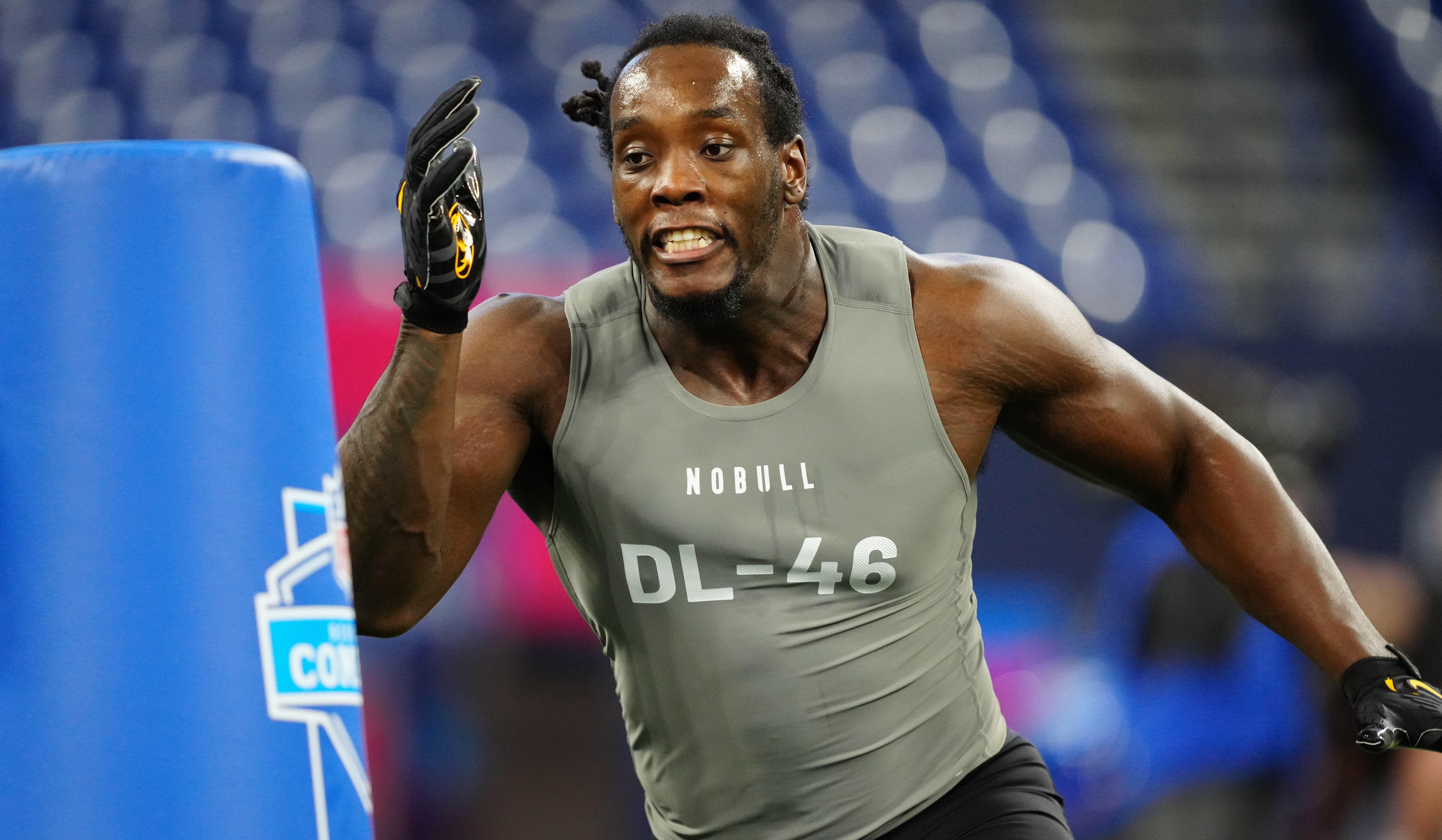 Missouri defensive lineman Darius Robinson (DL46) works out during the 2024 NFL Combine at Lucas Oil Stadium. Kirby Lee-USA TODAY Sports