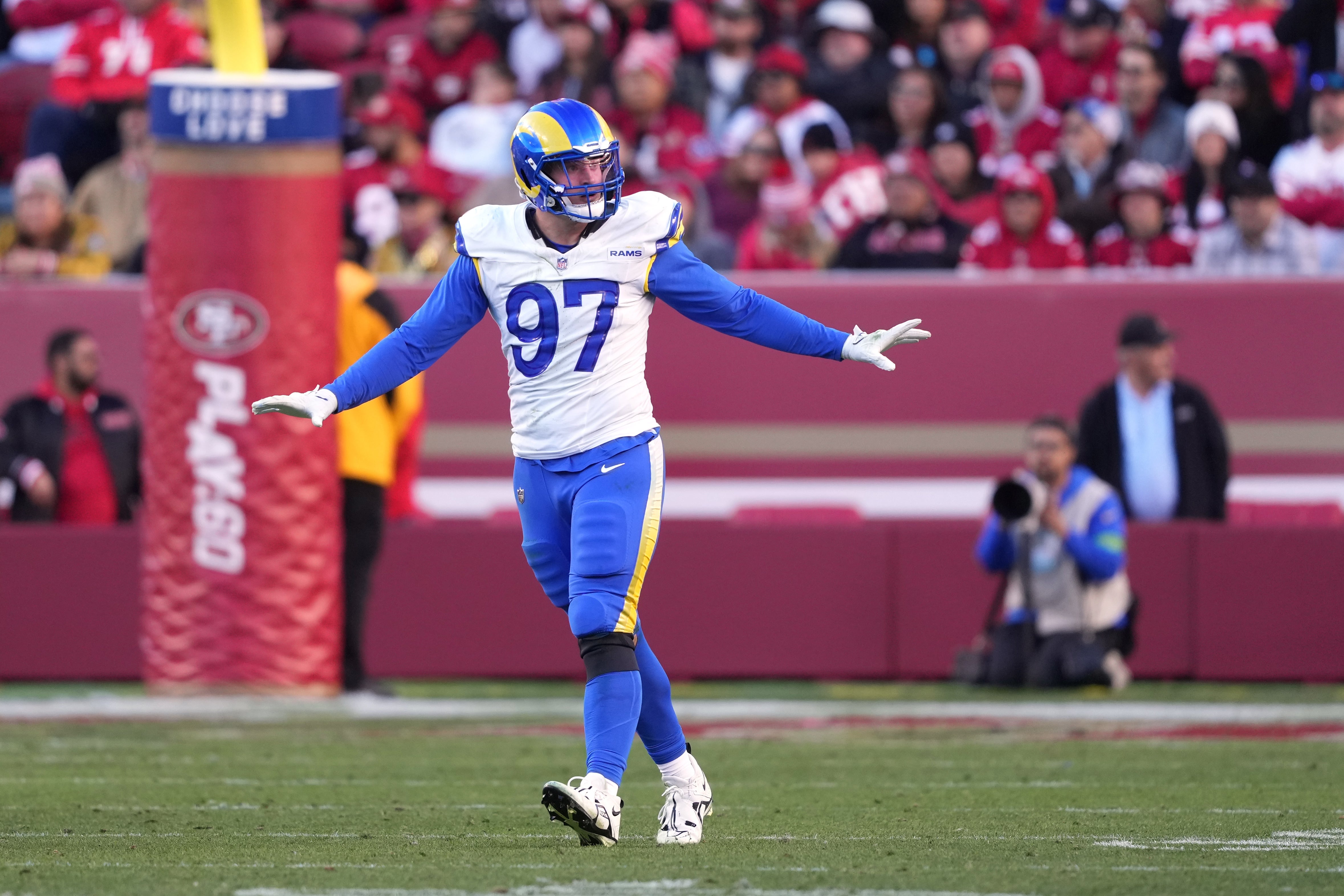 Jan 7, 2024; Santa Clara, California, USA; Los Angeles Rams linebacker Michael Hoecht (97) gestures after recording a sack against the San Francisco 49ers during the fourth quarter at Levi's Stadium. Mandatory Credit: Darren Yamashita-USA TODAY Sports