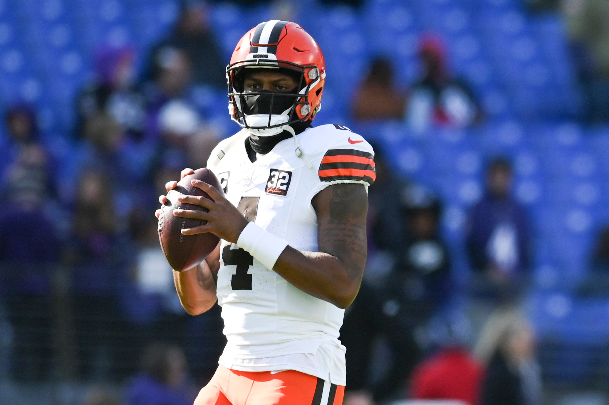 Nov 12, 2023; Baltimore, Maryland, USA; Cleveland Browns quarterback Deshaun Watson (4) looks to pass before the game against the Baltimore Ravens at M&T Bank Stadium. Mandatory Credit: Tommy Gilligan-USA TODAY Sports