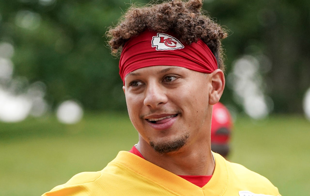 Jul 24, 2023; St. Joseph, MO, USA; Kansas City Chiefs quarterback Patrick Mahomes (15) walks from the locker room to the practice fields during training camp at Missouri Western State University.
