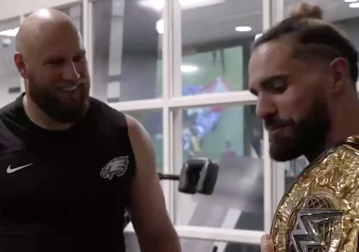 Philadelphia Eagles' LT Lane Johnson gets a workout in with WWE star Seth Rollins.