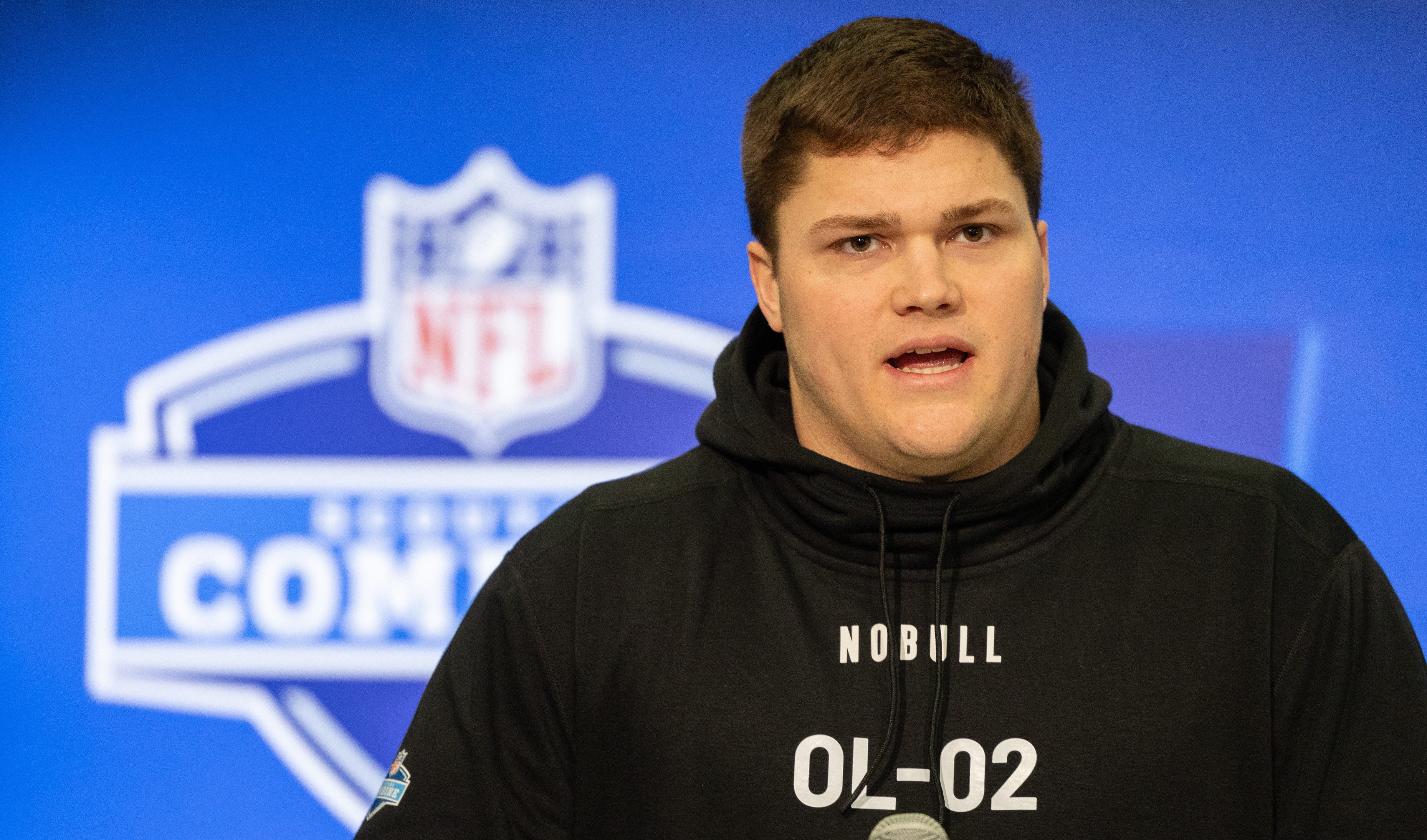 Notre Dame offensive lineman Joe Alt (OL02) talks to the media during the 2024 NFL Combine at Lucas Oil Stadium. Trevor Ruszkowski-USA TODAY Sports