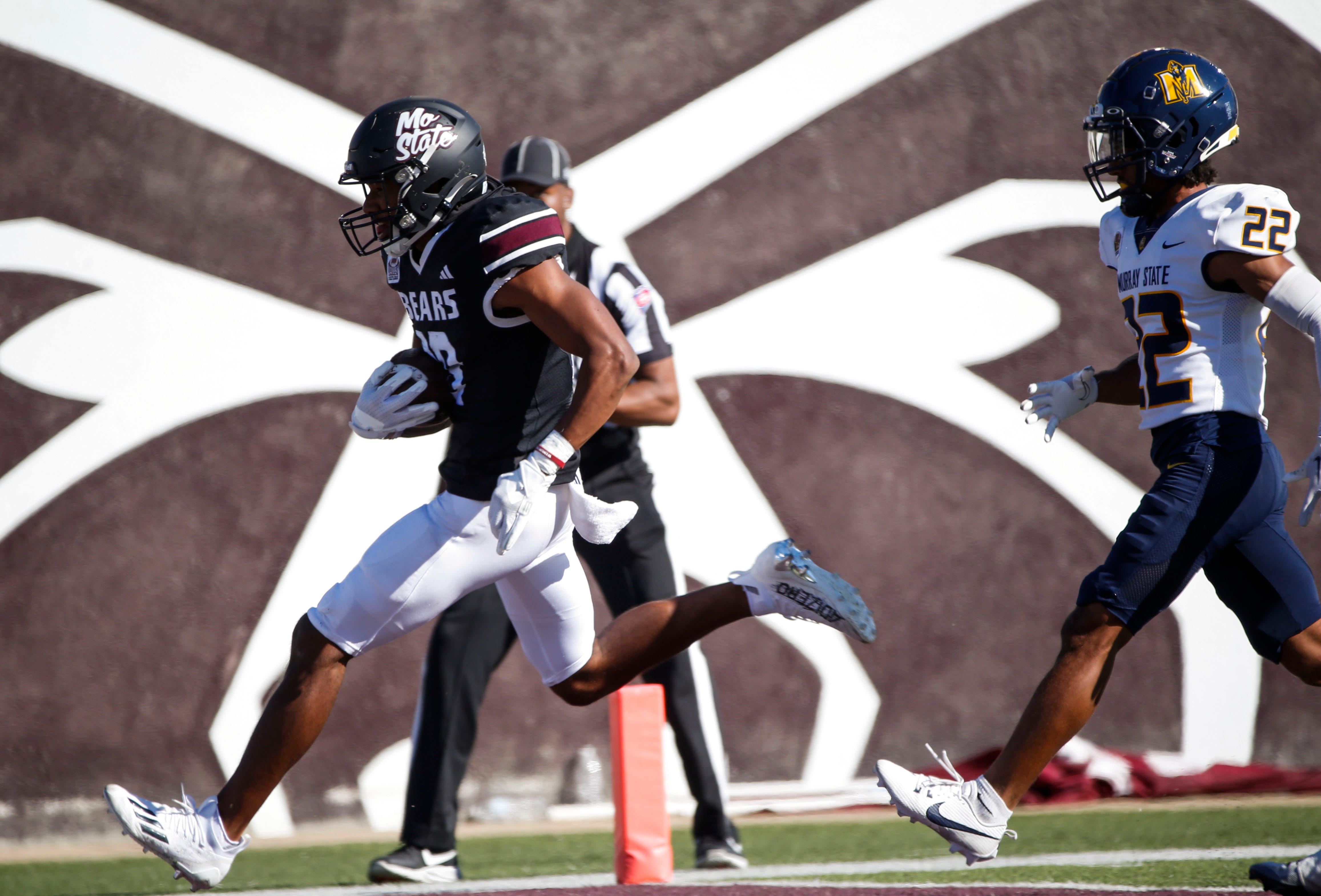 Missouri State's Terique Owens (18) scores a touchdown during a game against the Murray State Racers at Plaster Field on Saturday, Oct. 21, 2023.