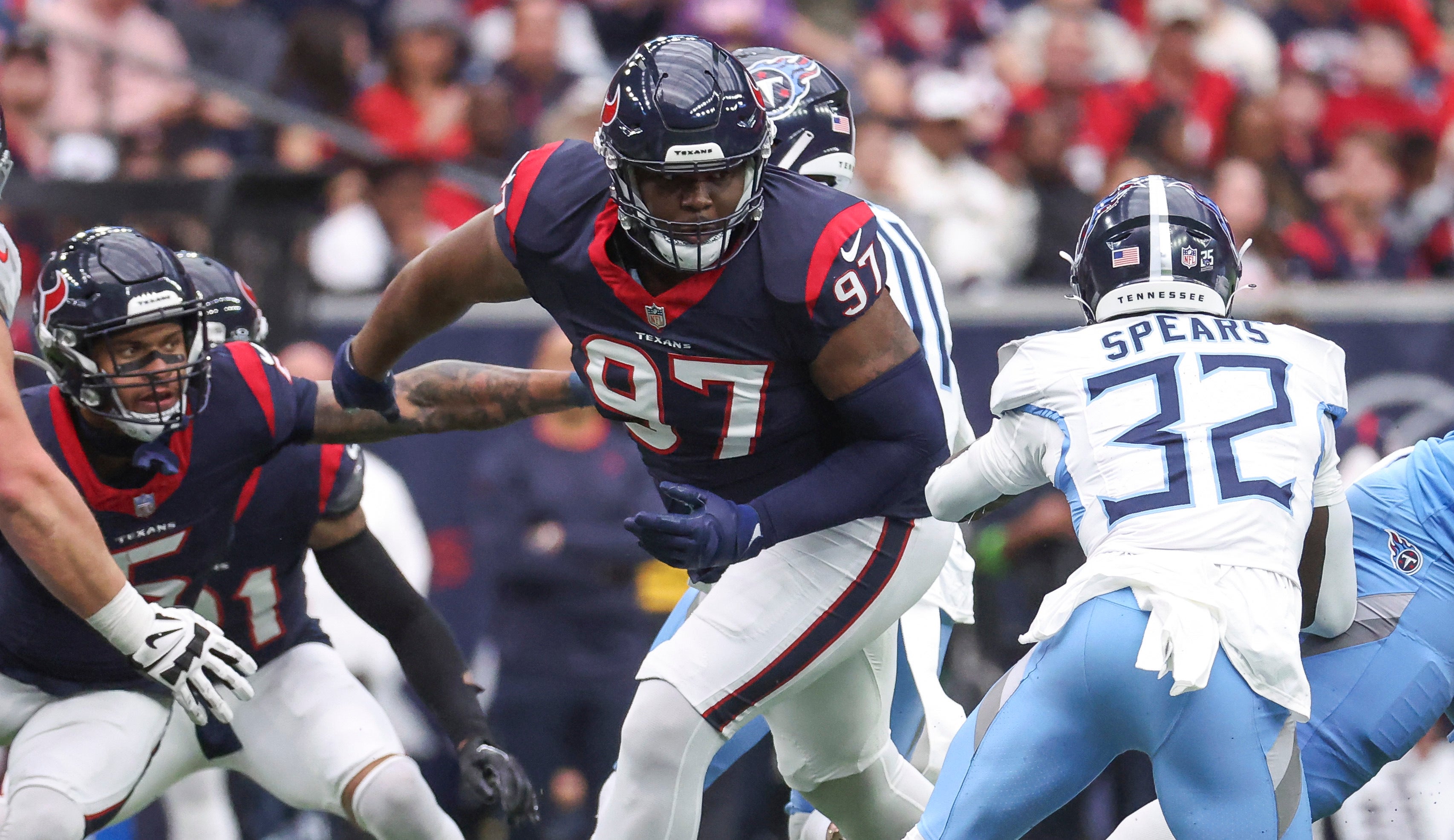 Dec 31, 2023; Houston, Texas, USA; Houston Texans defensive lineman Teair Tart (97) in action during the game against the Tennessee Titans at NRG Stadium.