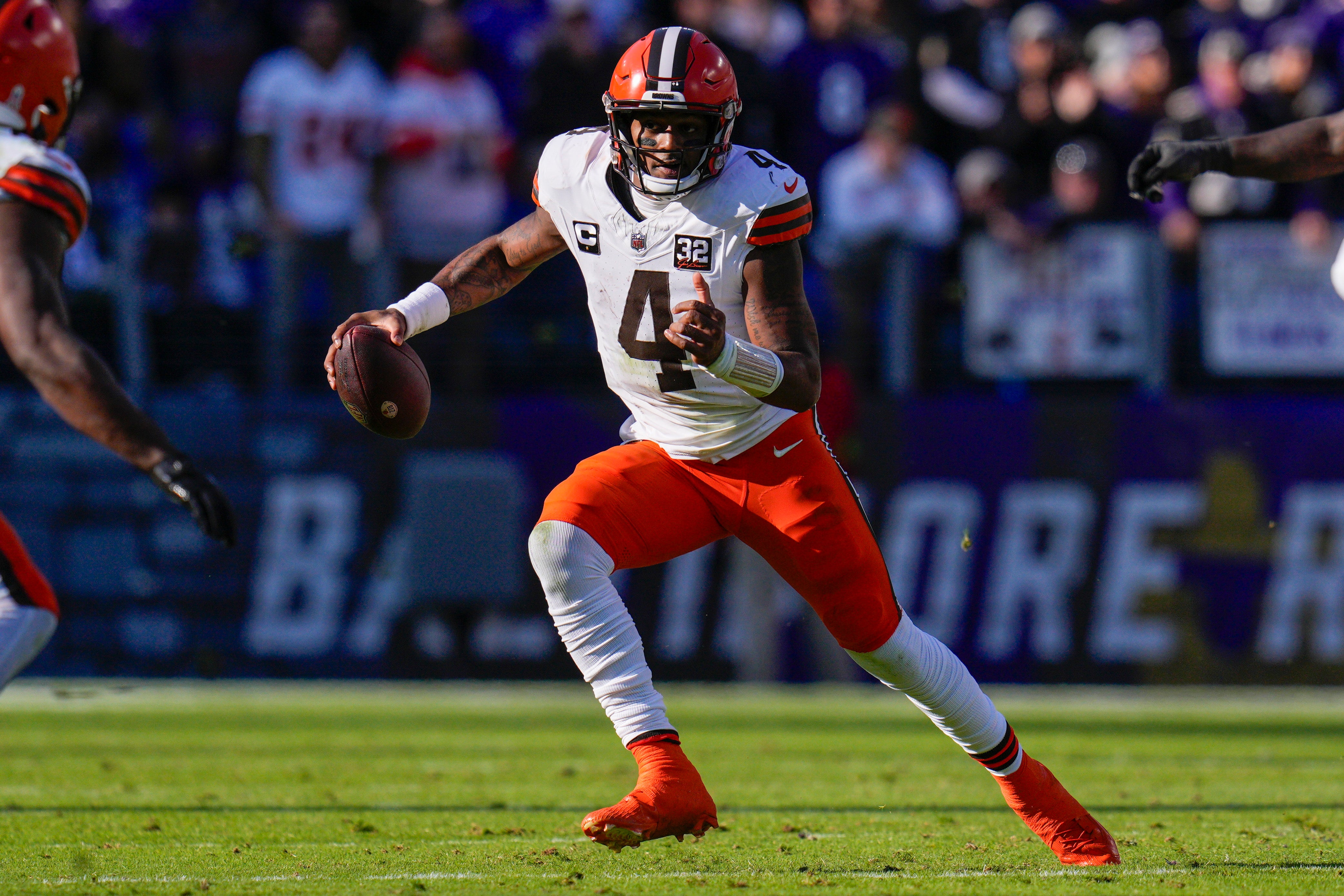 Nov 12, 2023; Baltimore, Maryland, USA; Cleveland Browns quarterback Deshaun Watson (4) scrambles during the first half against the Baltimore Ravens at M&T Bank Stadium. Mandatory Credit: Jessica Rapfogel-USA TODAY Sports