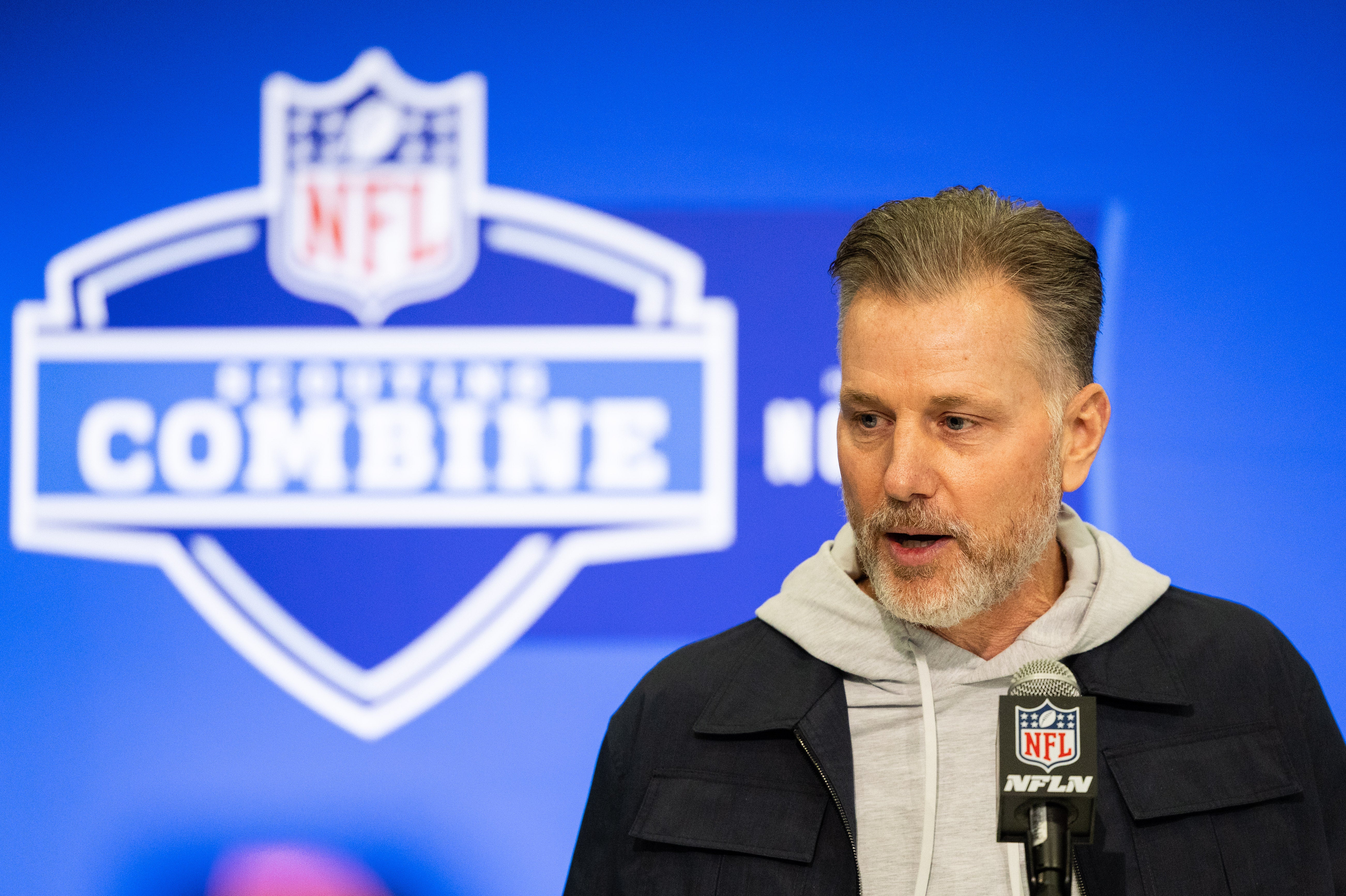Feb 27, 2024; Indianapolis, IN, USA; Chicago Bears head coach Matt Eberflus talks to the media at the 2024 NFL Combine at Indiana Convention Center.