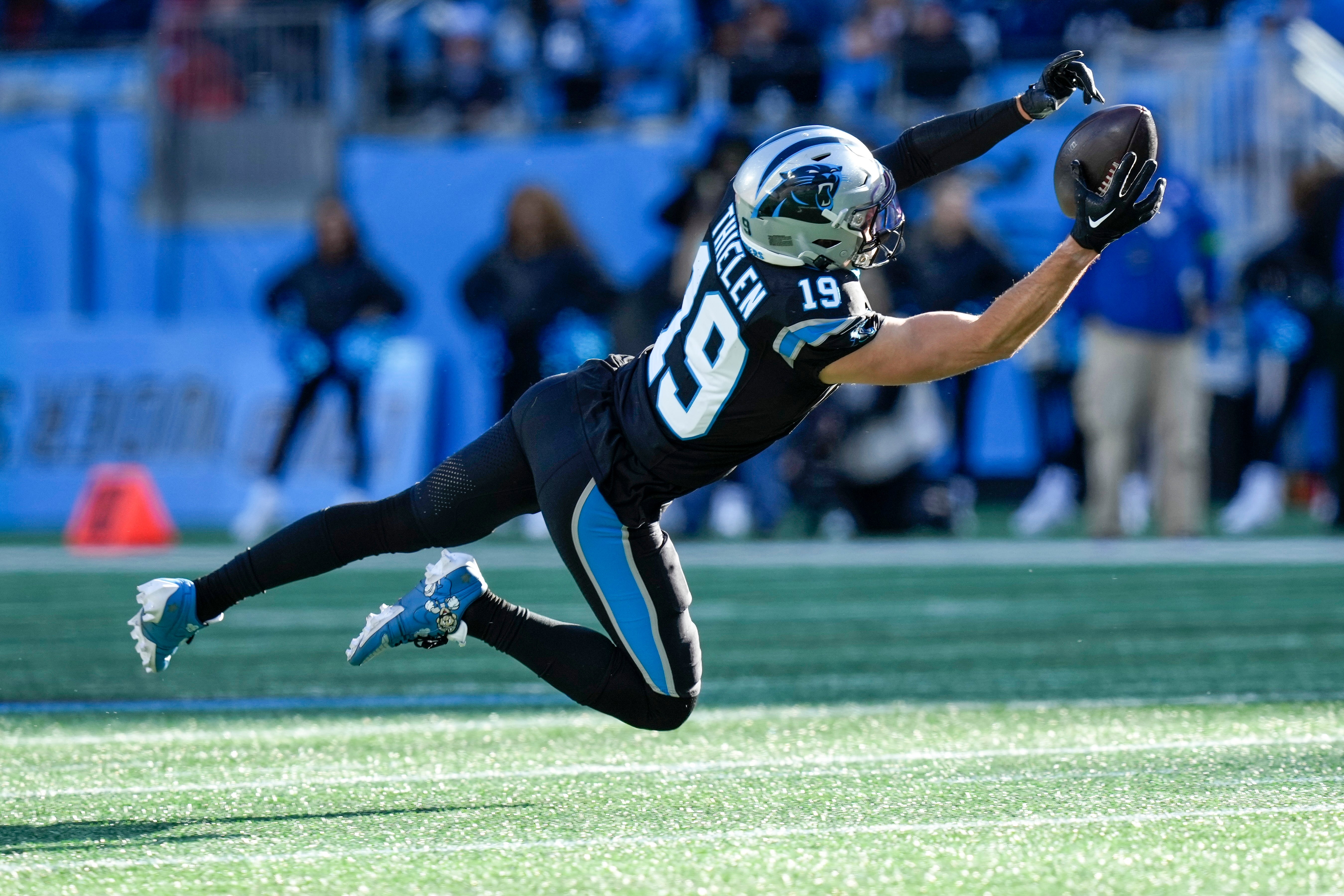 Jan 7, 2024; Charlotte, North Carolina, USA; Carolina Panthers wide receiver Adam Thielen (19) makes a catch against the Tampa Bay Buccaneers during the second half at Bank of America Stadium. Mandatory Credit: Jim Dedmon-USA TODAY Sports