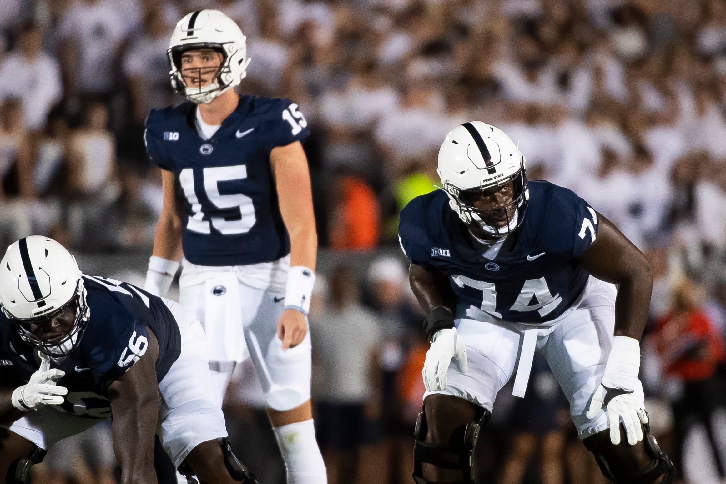 Penn State left tackle Olu Fashanu (74) gets set before a play against West Virginia at Beaver Stadium September 2, 2023, in State College