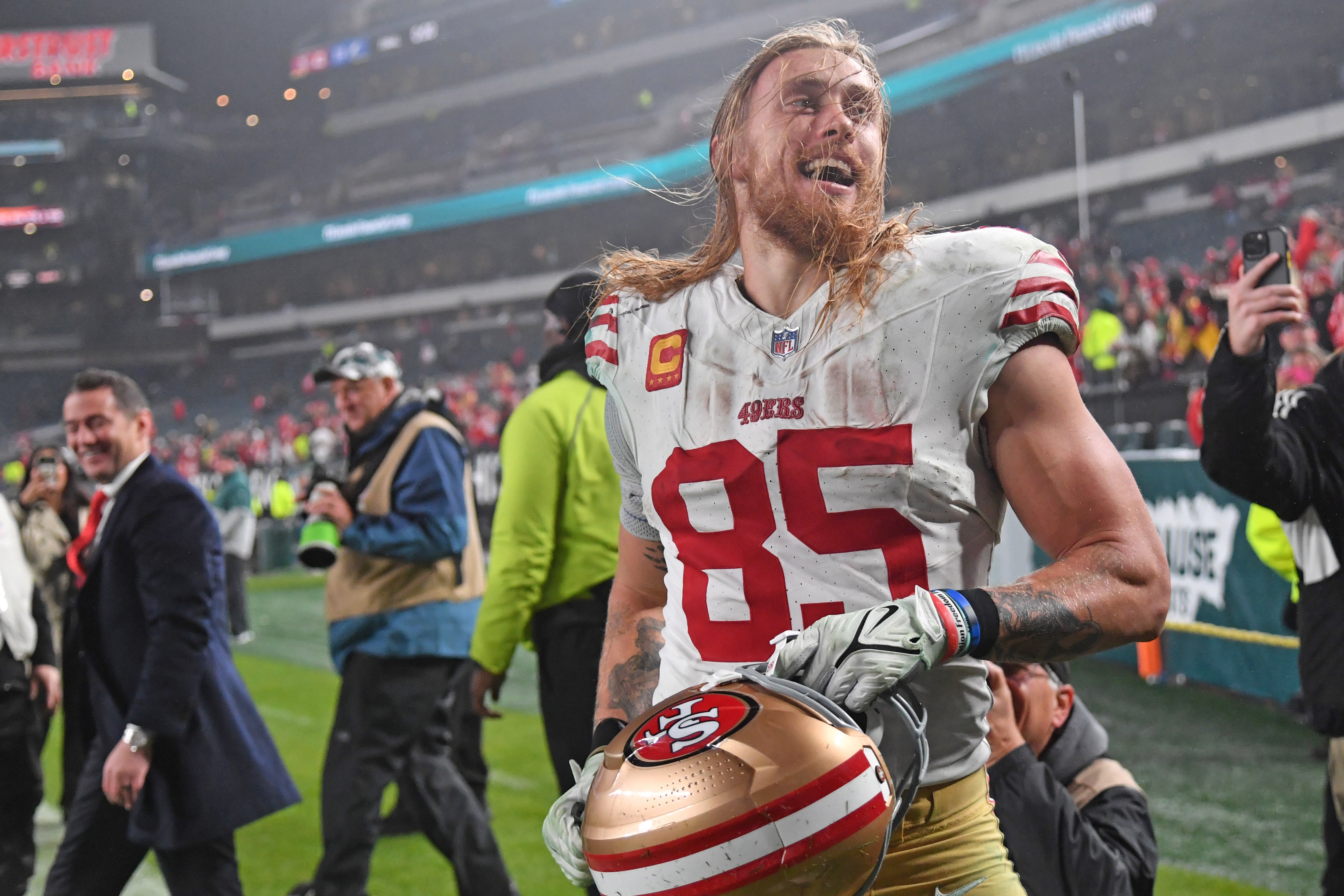 Dec 3, 2023; Philadelphia, Pennsylvania, USA; San Francisco 49ers tight end George Kittle (85) walks off the field after win against the Philadelphia Eagles at Lincoln Financial Field.