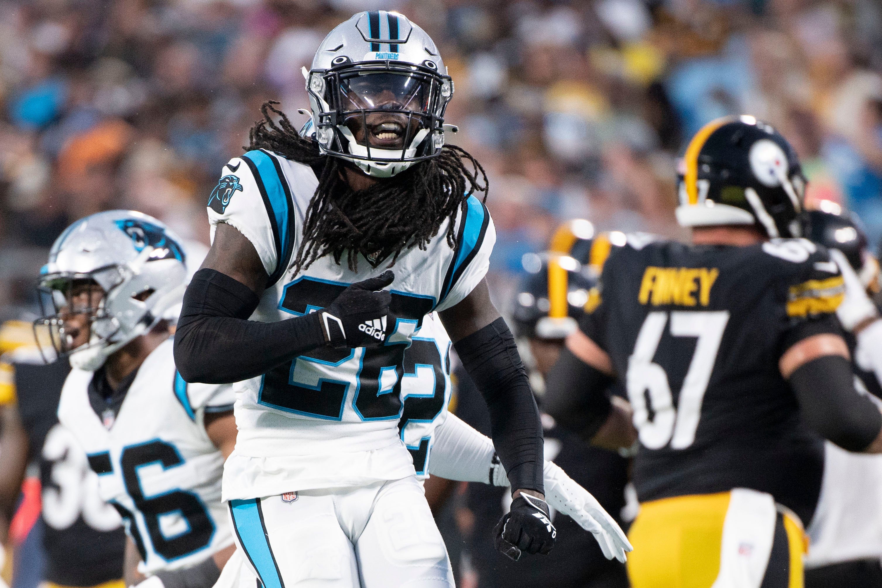 Aug 27, 2021; Charlotte, North Carolina, USA; Carolina Panthers cornerback Donte Jackson (26) reacts in the first quarter at Bank of America Stadium. Mandatory Credit: Bob Donnan-USA TODAY Sports