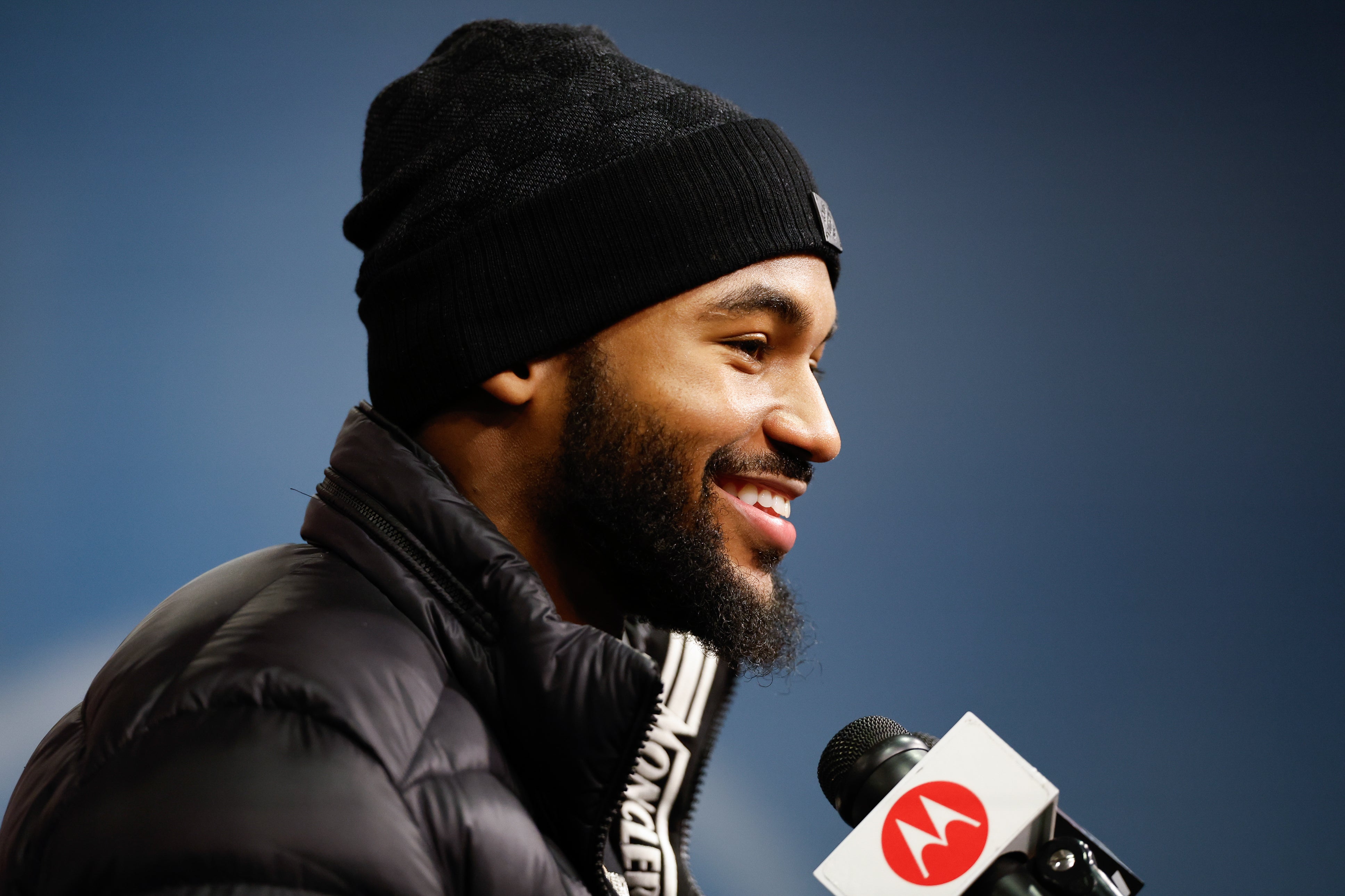 Mar 14, 2024; Lake Forest, IL, USA; Chicago Bears running back D'Andre Swift speaks during a press conference at Halas Hall.
