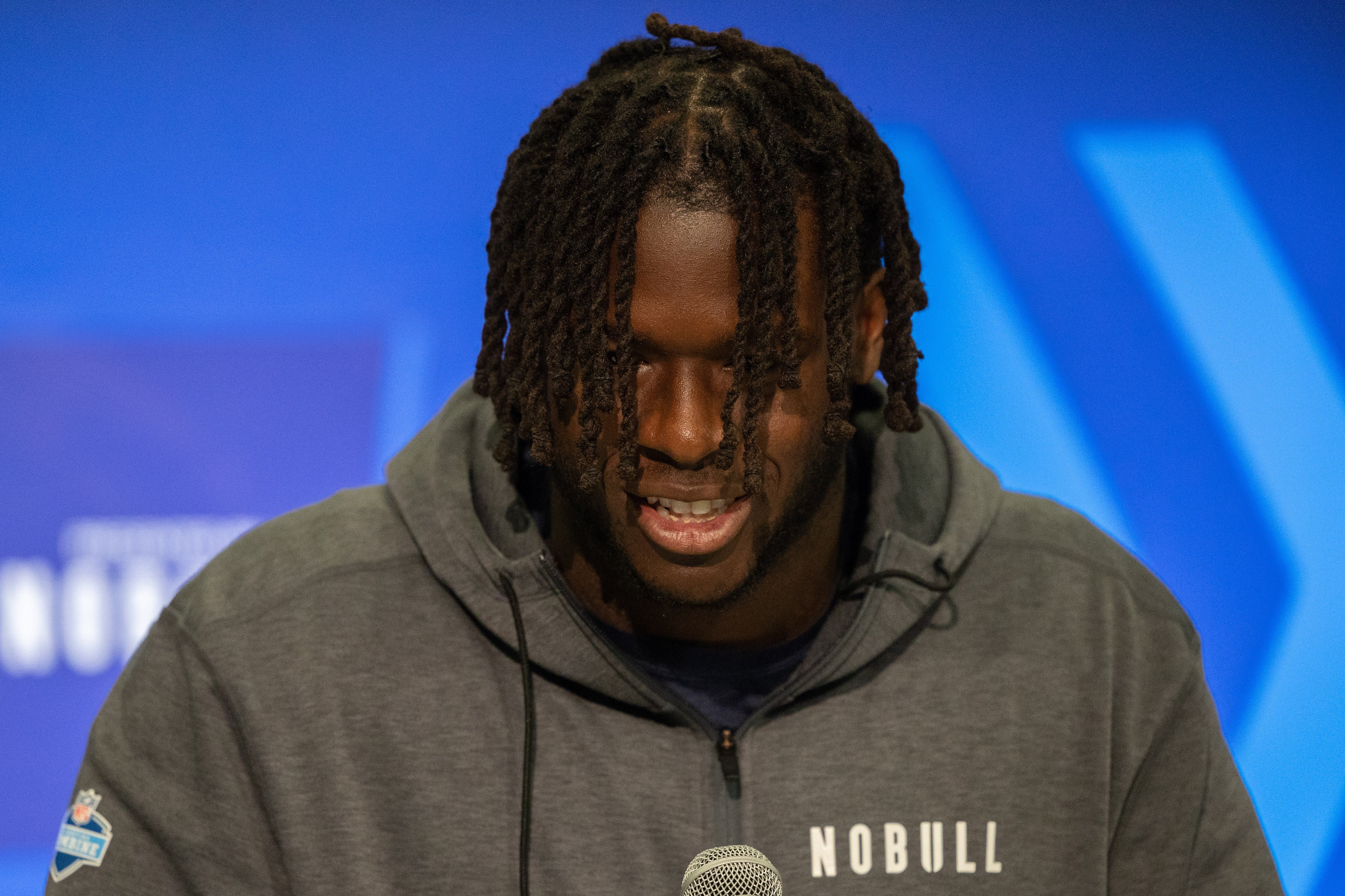 Mar 2, 2024; Indianapolis, IN, USA; Penn State offensive lineman Olu Fashanu (OL18) talks to the media during the 2024 NFL Combine at Lucas Oil Stadium. Mandatory Credit: Trevor Ruszkowski-USA TODAY Sports