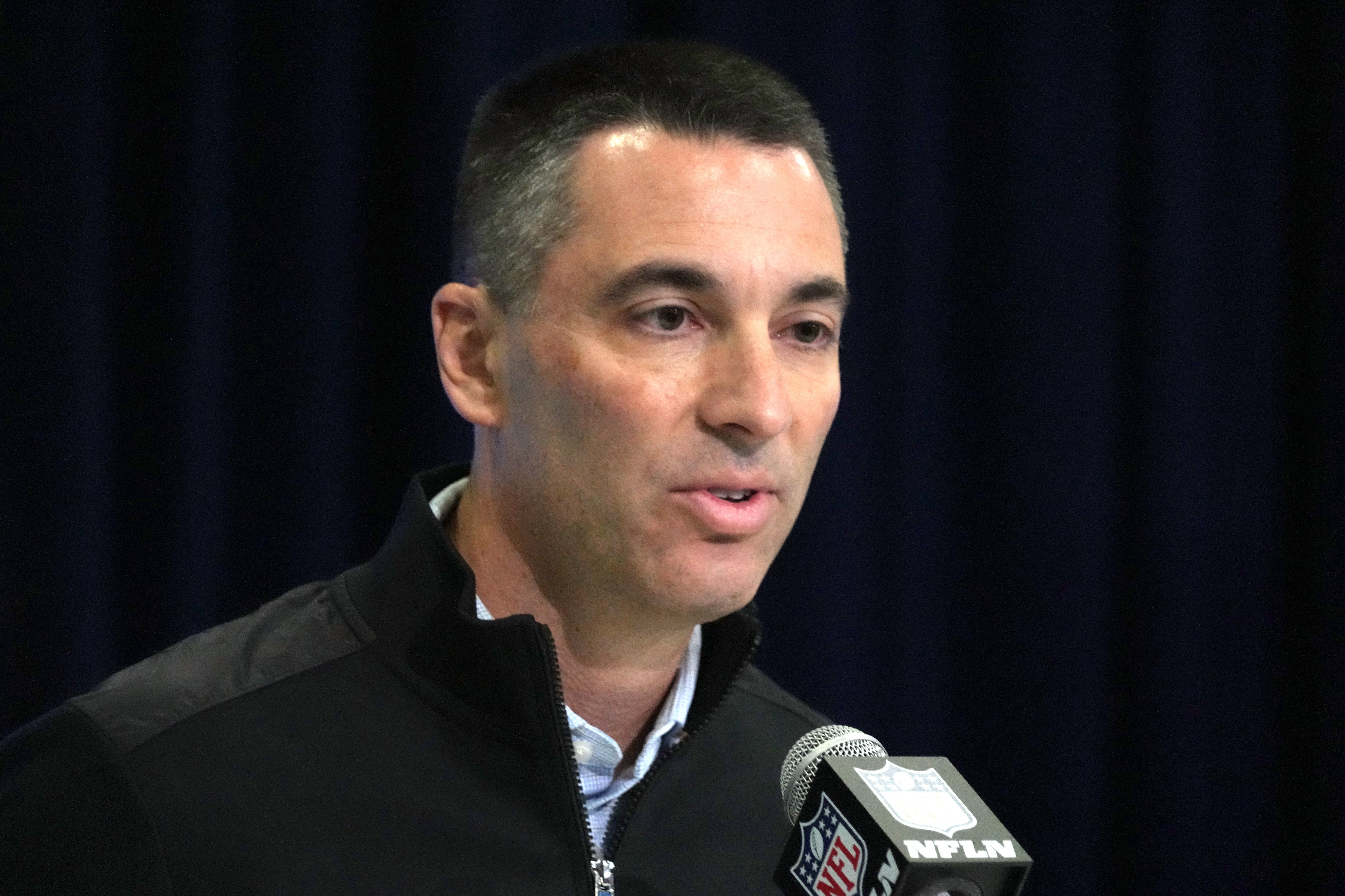 Feb 27, 2024; Indianapolis, IN, USA; Las Vegas Raiders general manager Tom Telesco during the NFL Scouting Combine at Indiana Convention Center.