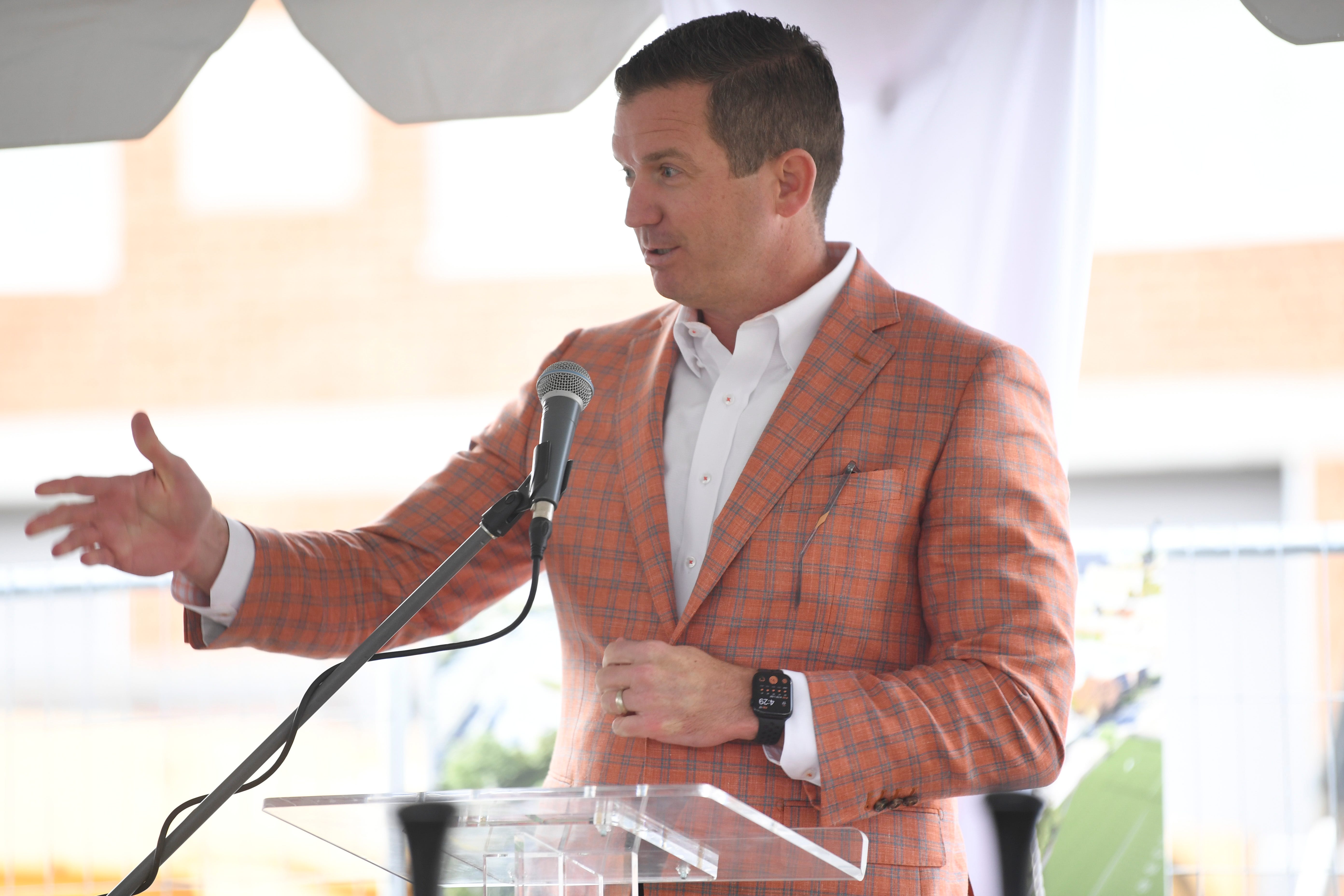 Tennessee athletic director Danny White speaks at the ground breaking for Lindsey Nelson Stadium s renovation, Friday, Nov. 17, 2023.
