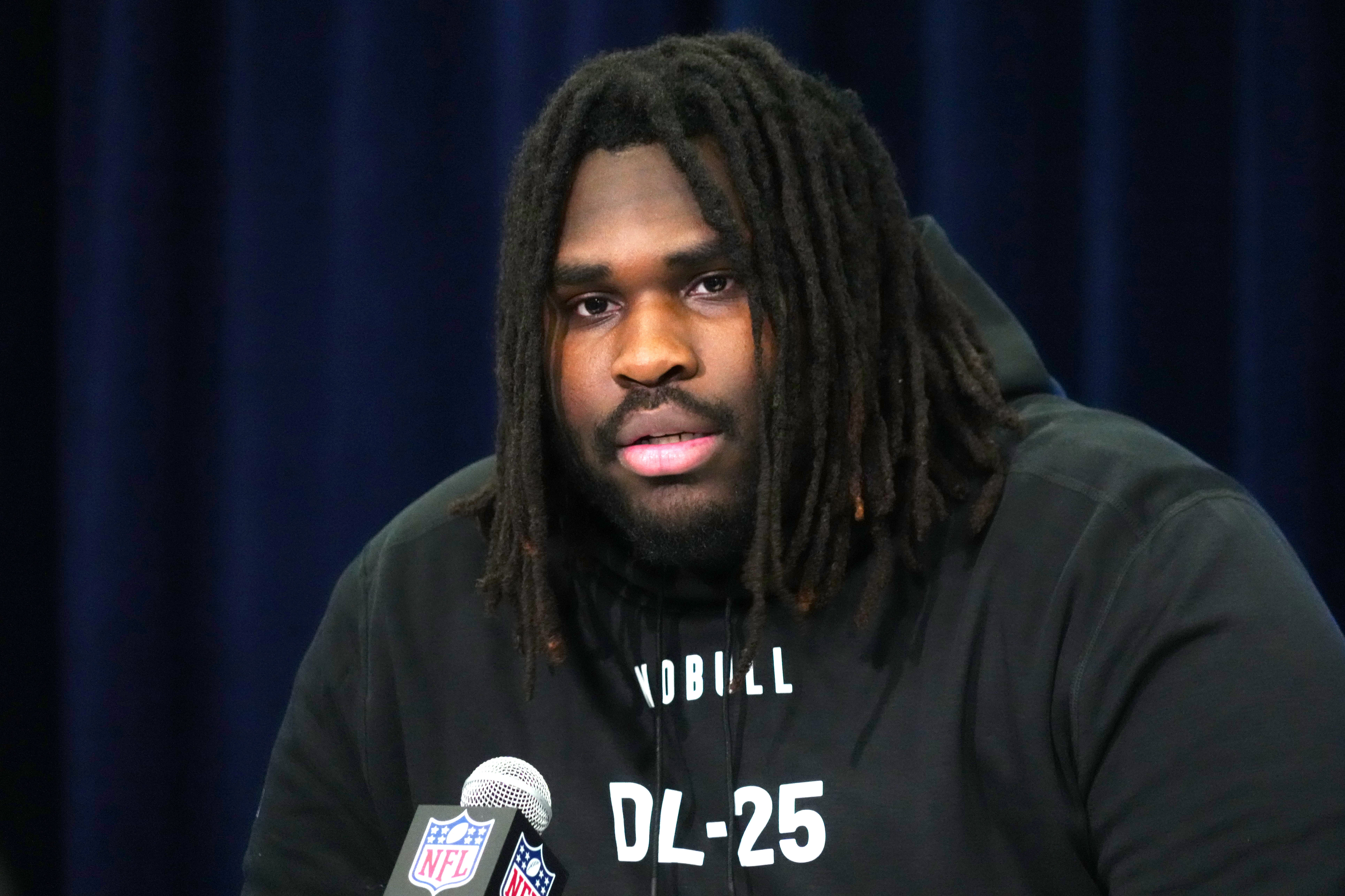 Feb 28, 2024; Indianapolis, IN, USA; Texas defensive lineman T'Vondre Sweat (DL25) speaks at a press conference at the NFL Scouting Combine at Indiana Convention Center.