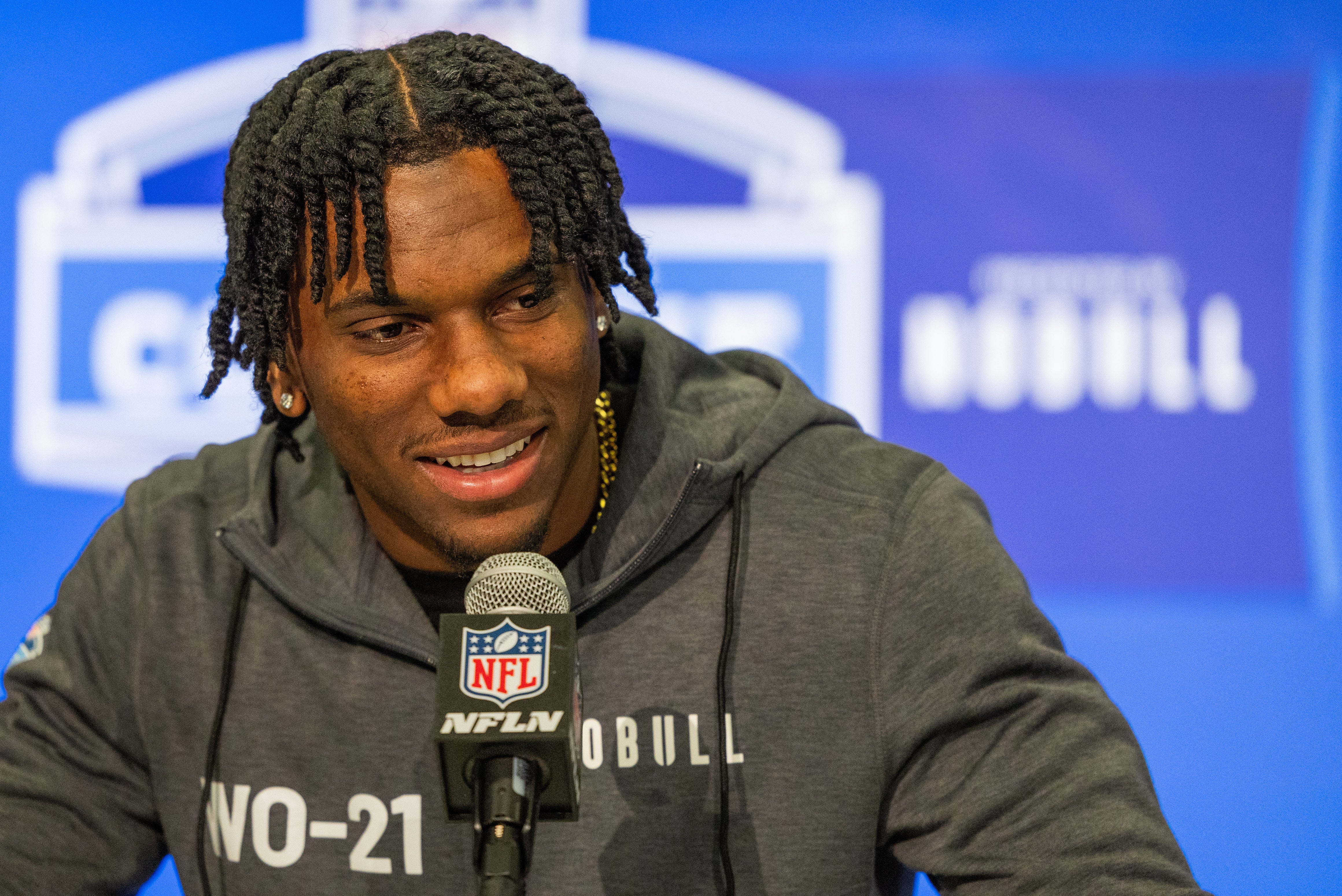 Mar 1, 2024; Indianapolis, IN, USA; Louisiana State wide receiver Malik Nabers (WO21) talks to the media during the 2024 NFL Combine at Lucas Oil Stadium.