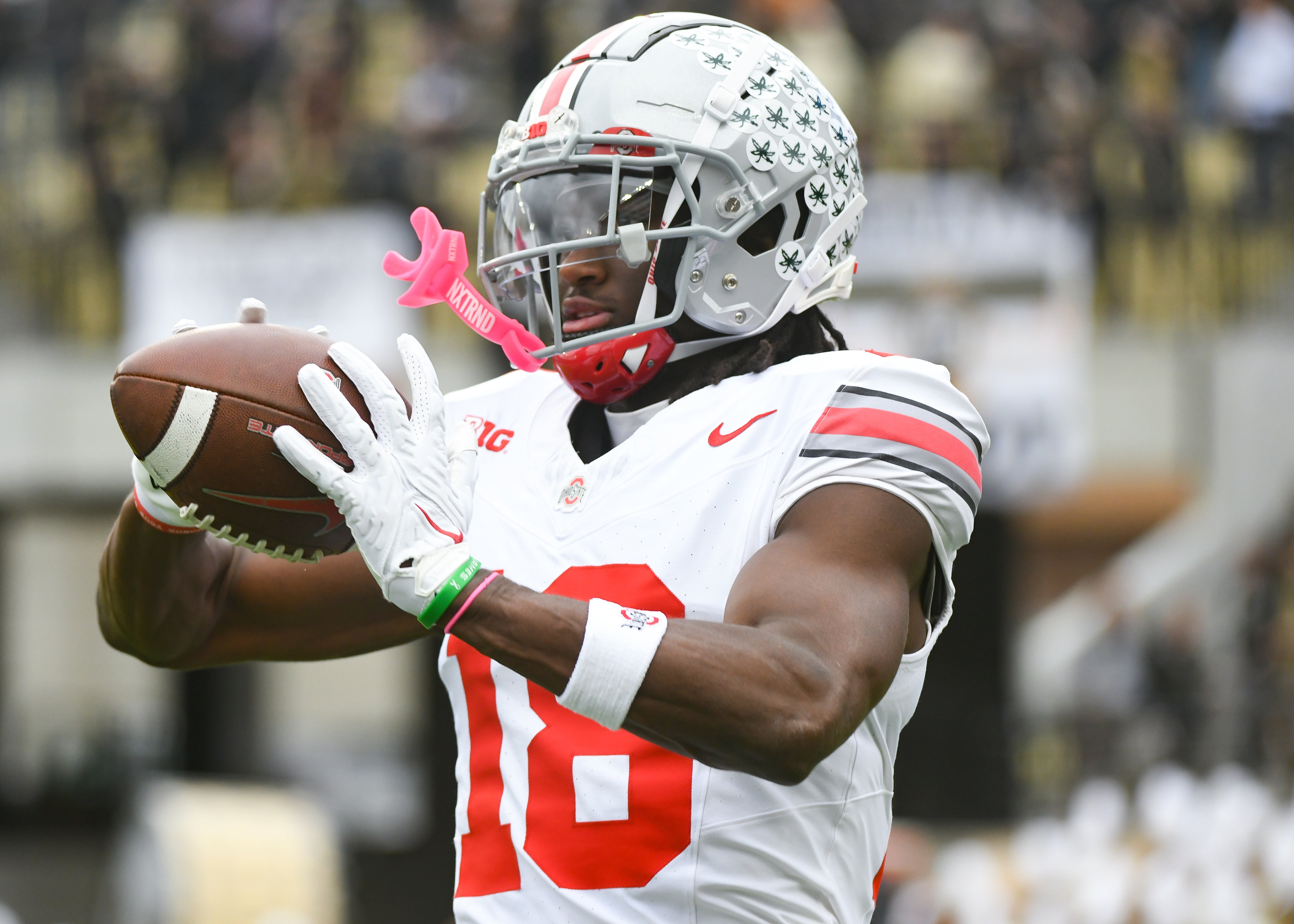 Oct 14, 2023; West Lafayette, Indiana, USA; Ohio State Buckeyes wide receiver Marvin Harrison Jr. (18) catches a pass during warmups prior to the game at Ross-Ade Stadium.