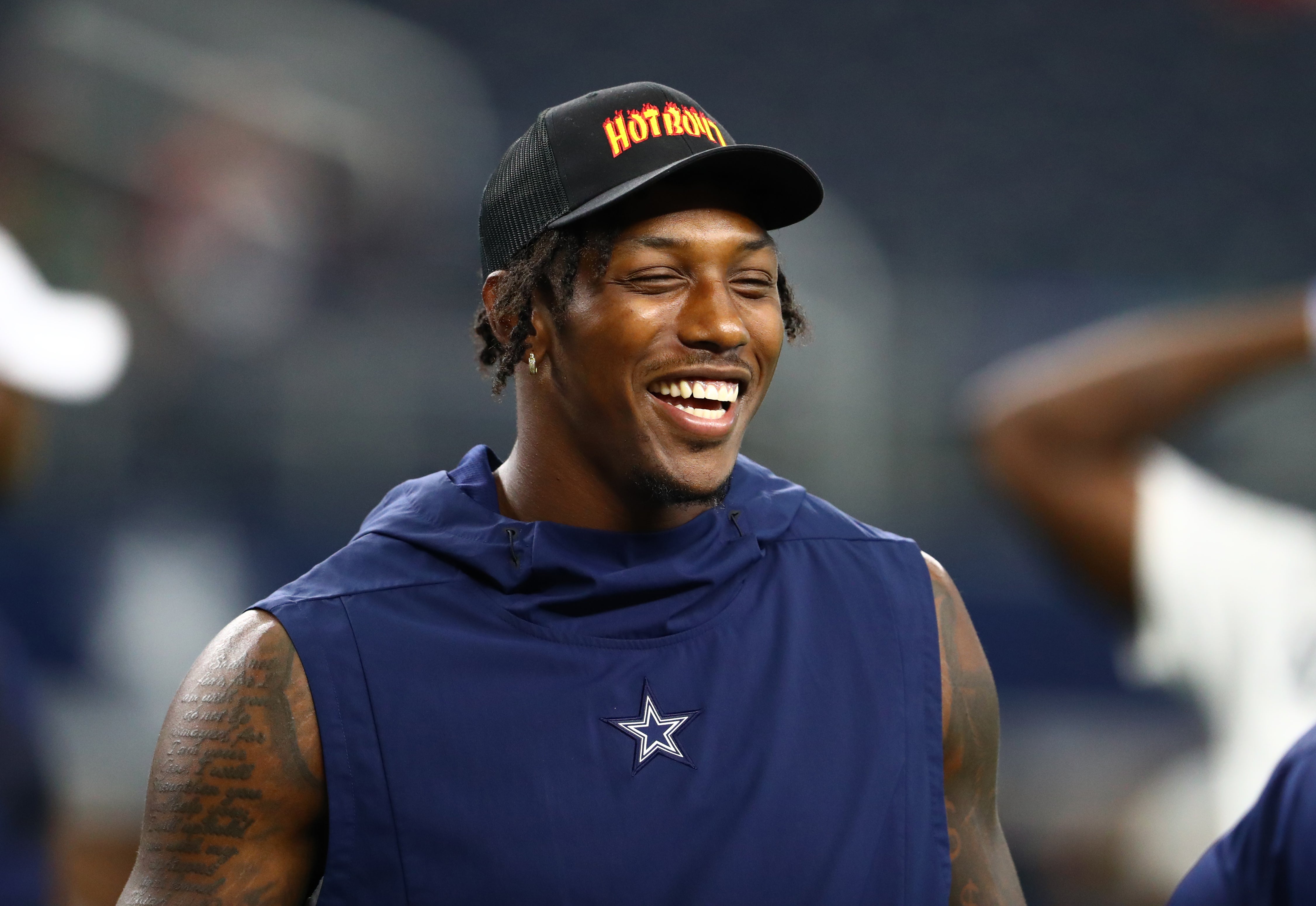 Dallas Cowboys defensive end Taco Charlton wears a 'Hot Boys' hat prior to the game against the Houston Texans at AT&T Stadium.