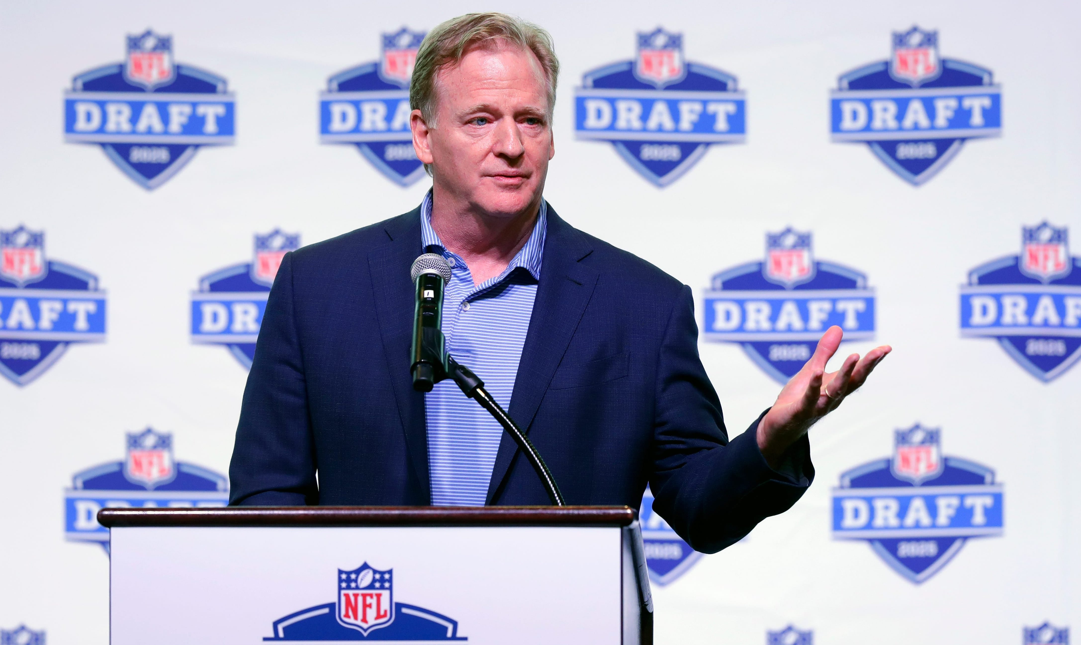 NFL Commissioner Roger Goodell speaks Aug. 14, 2023 at Johnsonville Tailgate Village in Green Bay during a promotional event for the 2025 NFL Draft, which will be held in and around Lambeau Field Sarah Kloepping/USA TODAY NETWORK-Wisconsin-USA TODAY NETWORK