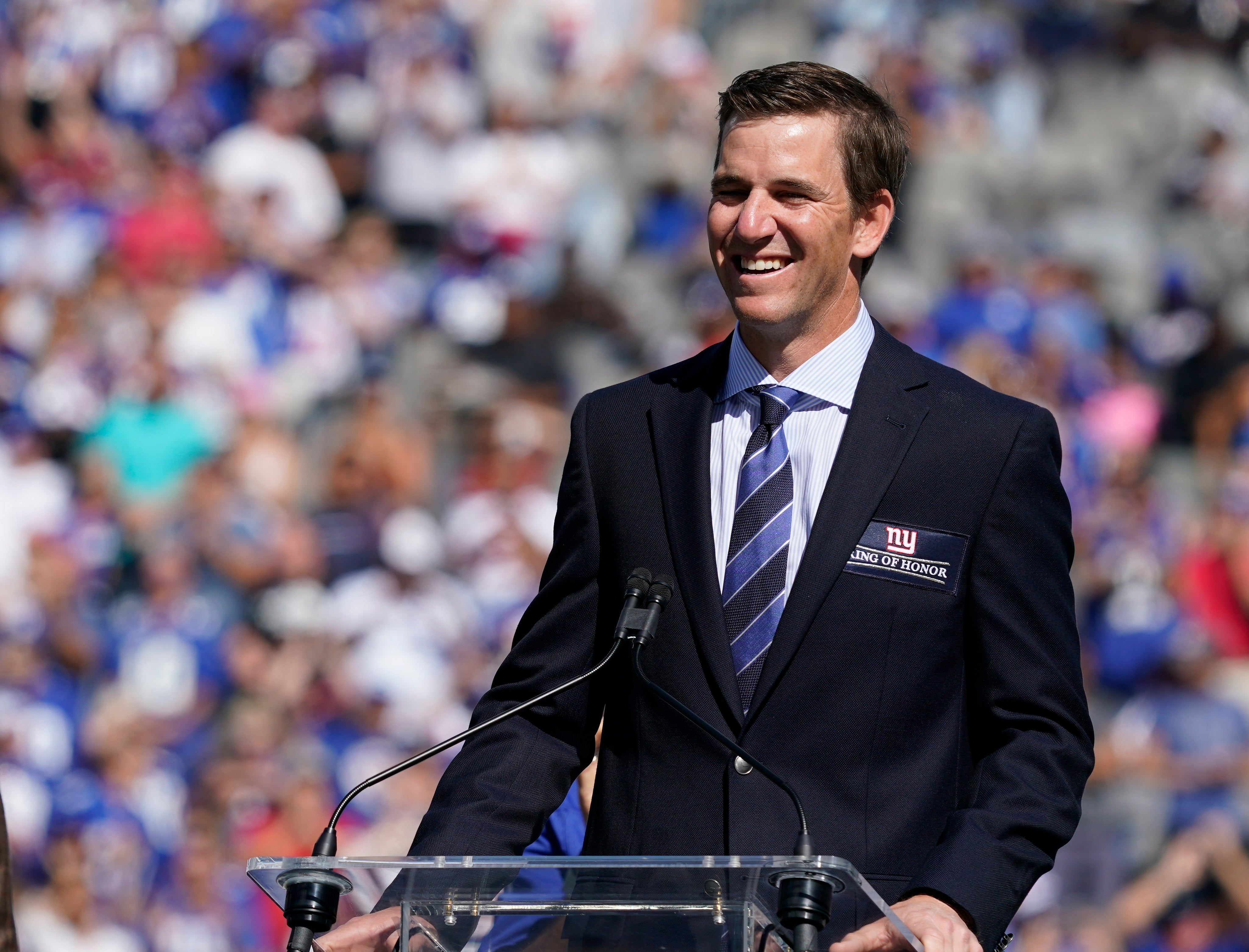 New York Giants former quarterback Eli Manning is honored at halftime of the game between Atlanta Falcons and the Giants at MetLife Stadium.