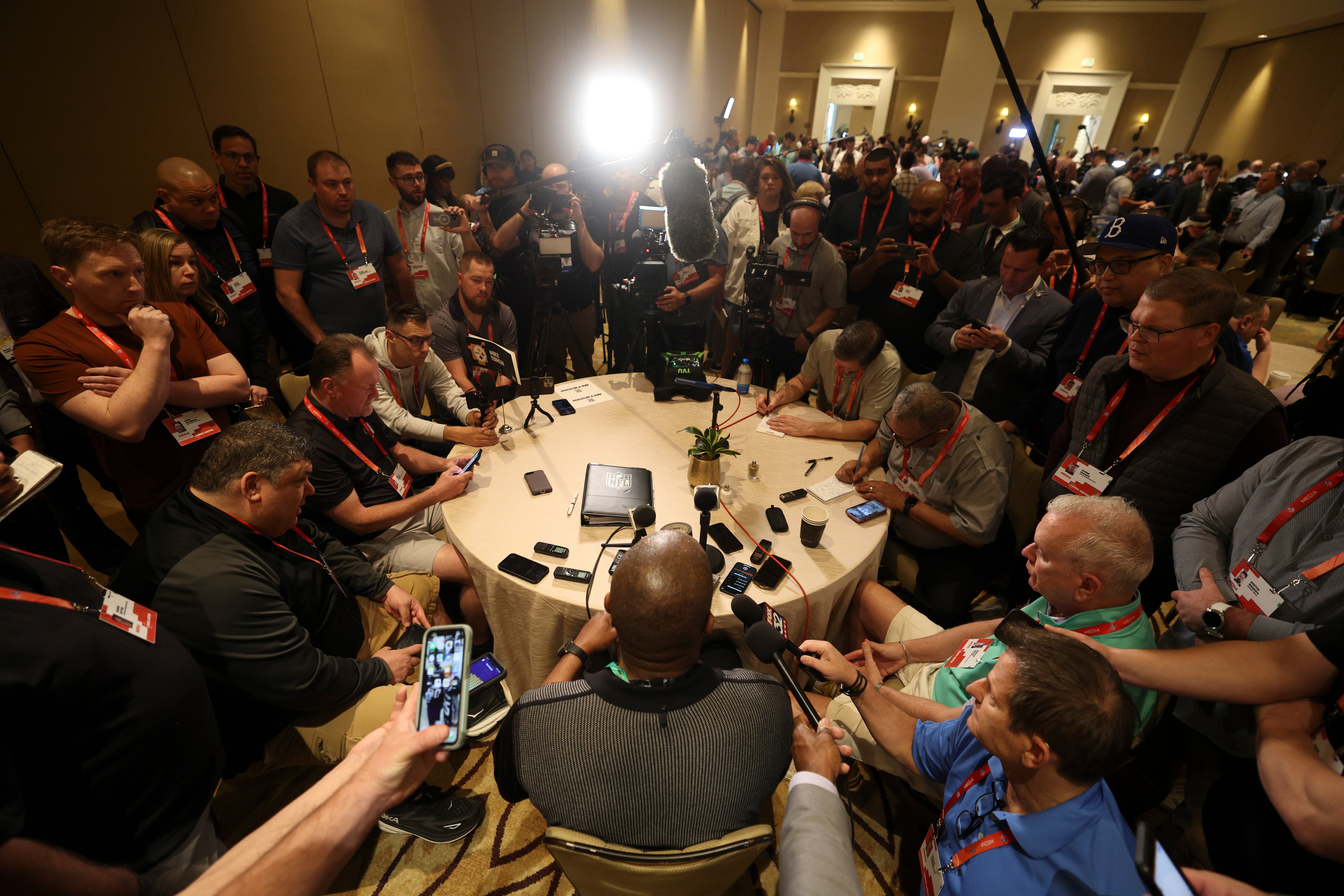 Mar 25, 2024; Orlando, FL, USA; Pittsburgh Steelers head coach Mike Tomlin talks to media during the NFL annual league meetings at the JW Marriott. Mandatory Credit: Nathan Ray Seebeck-USA TODAY Sports  Created: 