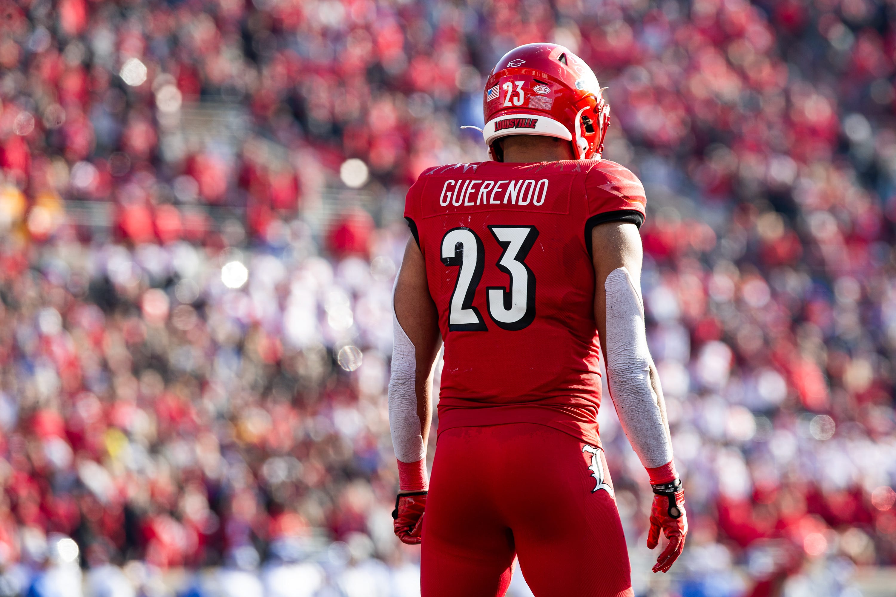 Louisville's Isaac Guerendo stood at the ready before a kickoff as the Louisville Cardinals hosted the Kentucky Wildcats on Saturday afternoon at L&N Stadium in Louisville, Ky. Kentucky defeated Louisville 38-31. Nov. 25, 2023.
