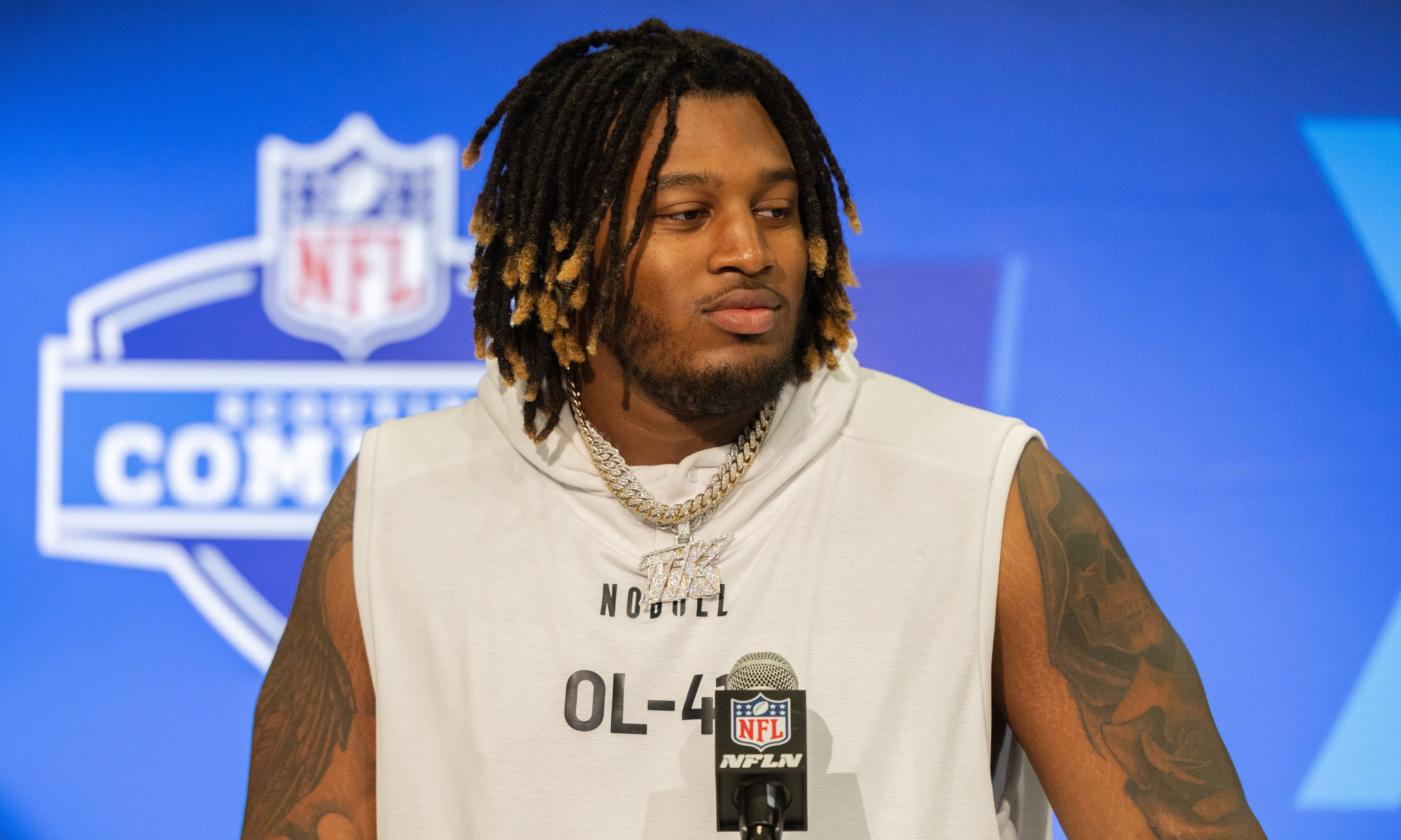 Alabama offensive lineman J C Latham (OL41) talks to the media during the 2024 NFL Combine at Lucas Oil Stadium. Trevor Ruszkowski-USA TODAY Sports