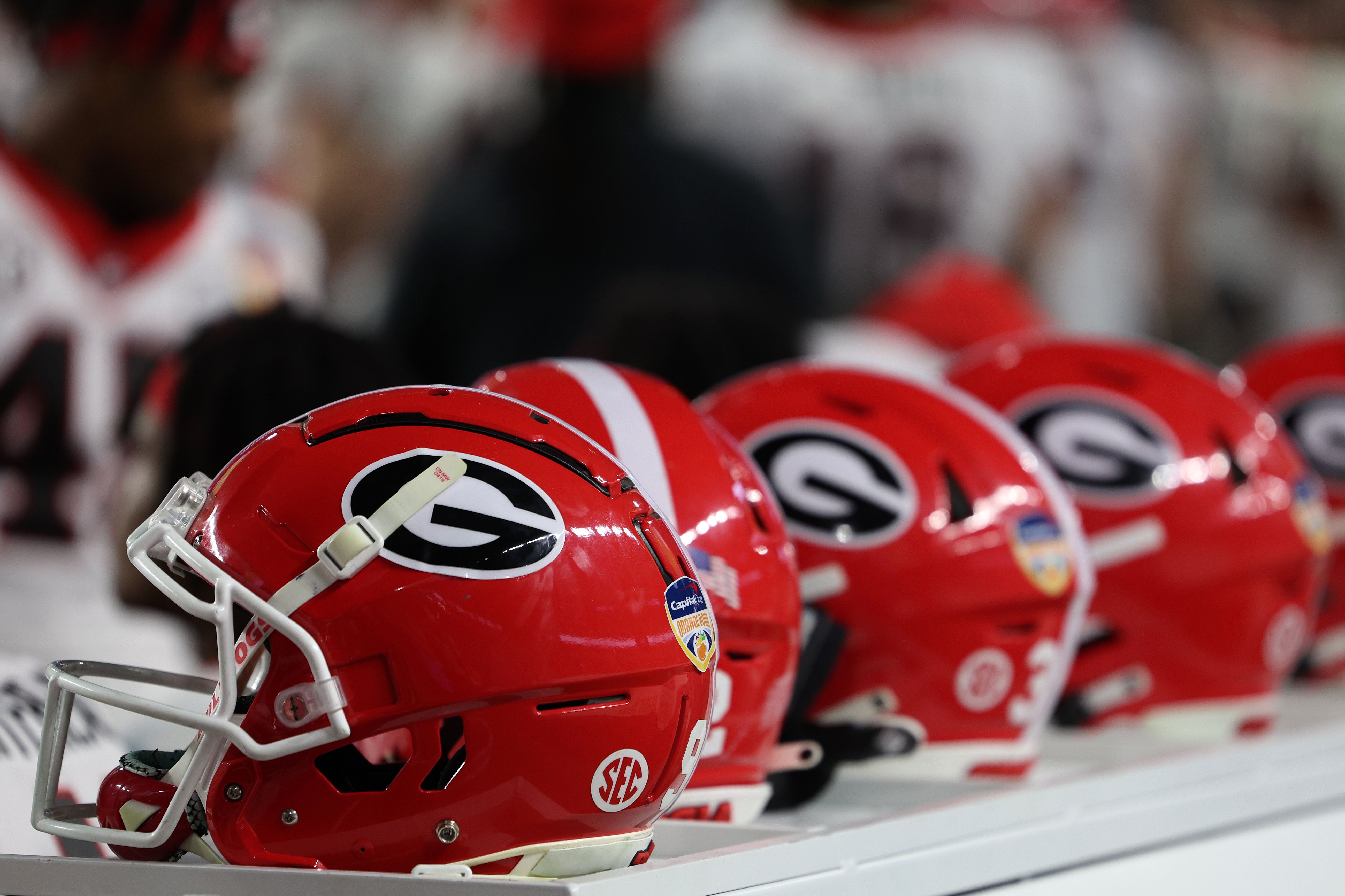 Dec 30, 2023; Miami Gardens, FL, USA; A detailed view of the Georgia Bulldogs helmet during the 2023 Orange Bowl at Hard Rock Stadium.