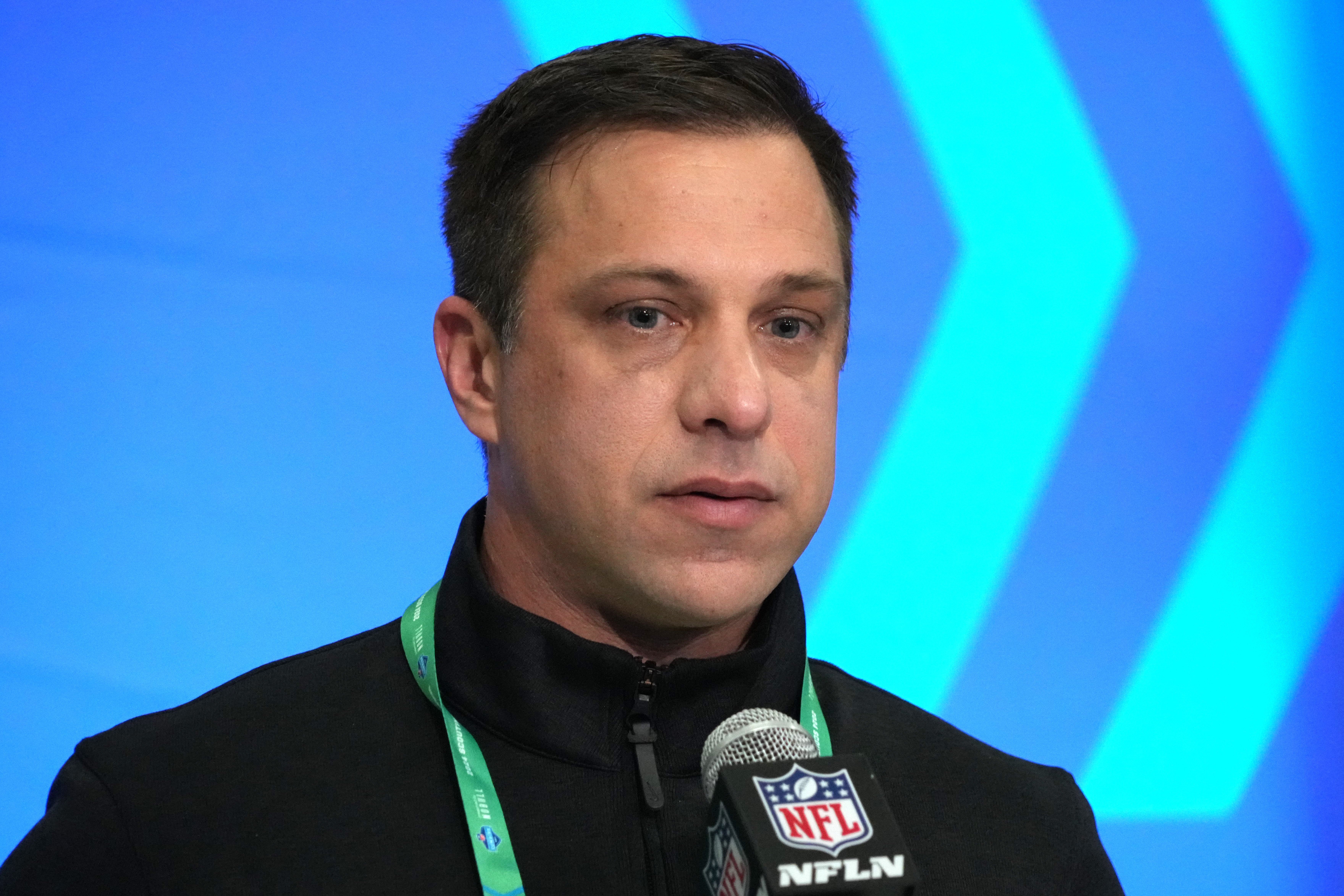 Feb 27, 2024; Indianapolis, IN, USA; Kansas City Chiefs general manager Brett Veach speaks during a press conference at the NFL Scouting Combine at Indiana Convention Center.
