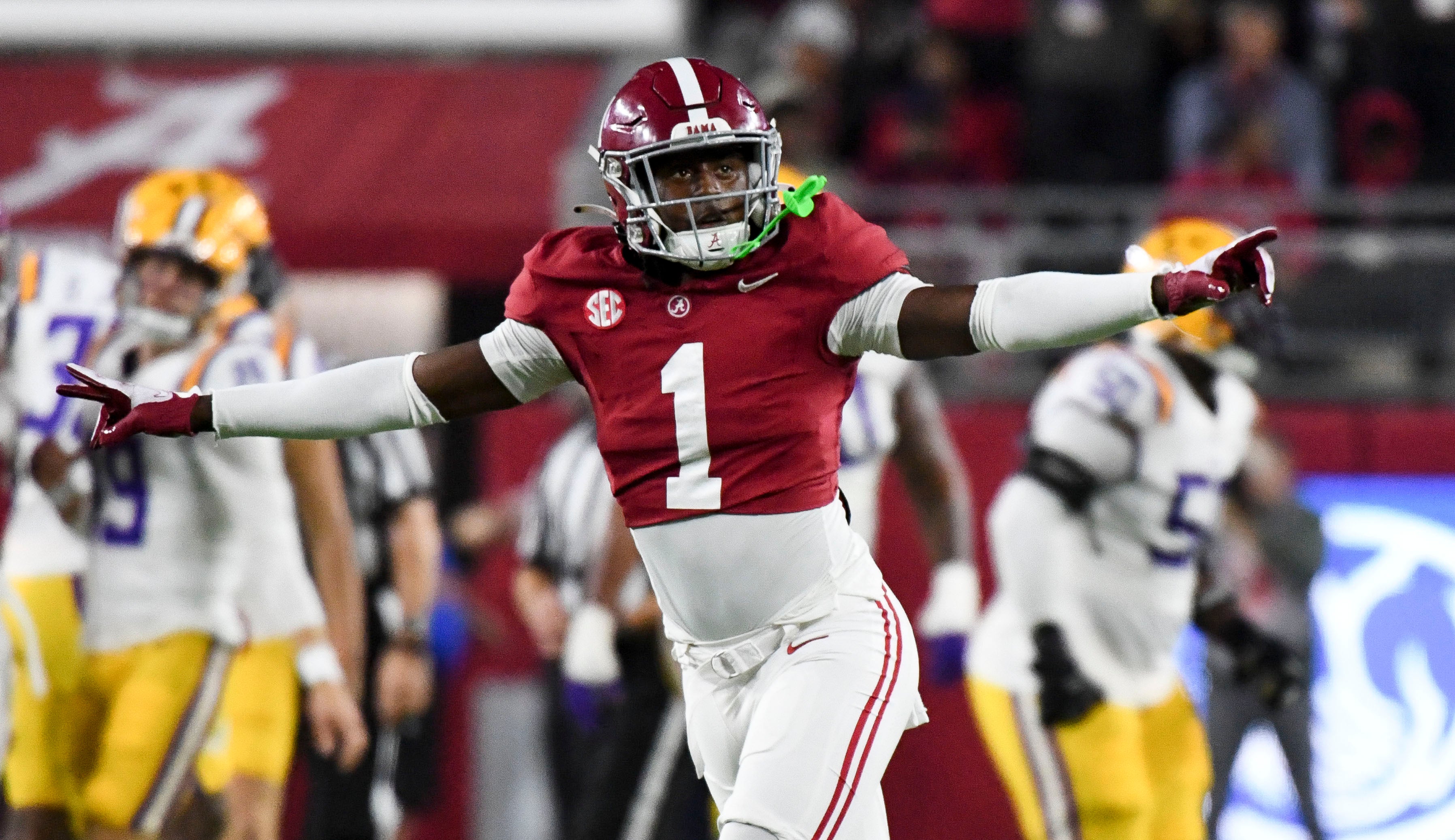 Nov 4, 2023; Tuscaloosa, Alabama, USA; Alabama Crimson Tide defensive back Kool-Aid McKinstry (1) celebrates after a missed field goal by LSU at Bryant-Denny Stadium. Mandatory Credit: Gary Cosby Jr.-USA TODAY Sports
