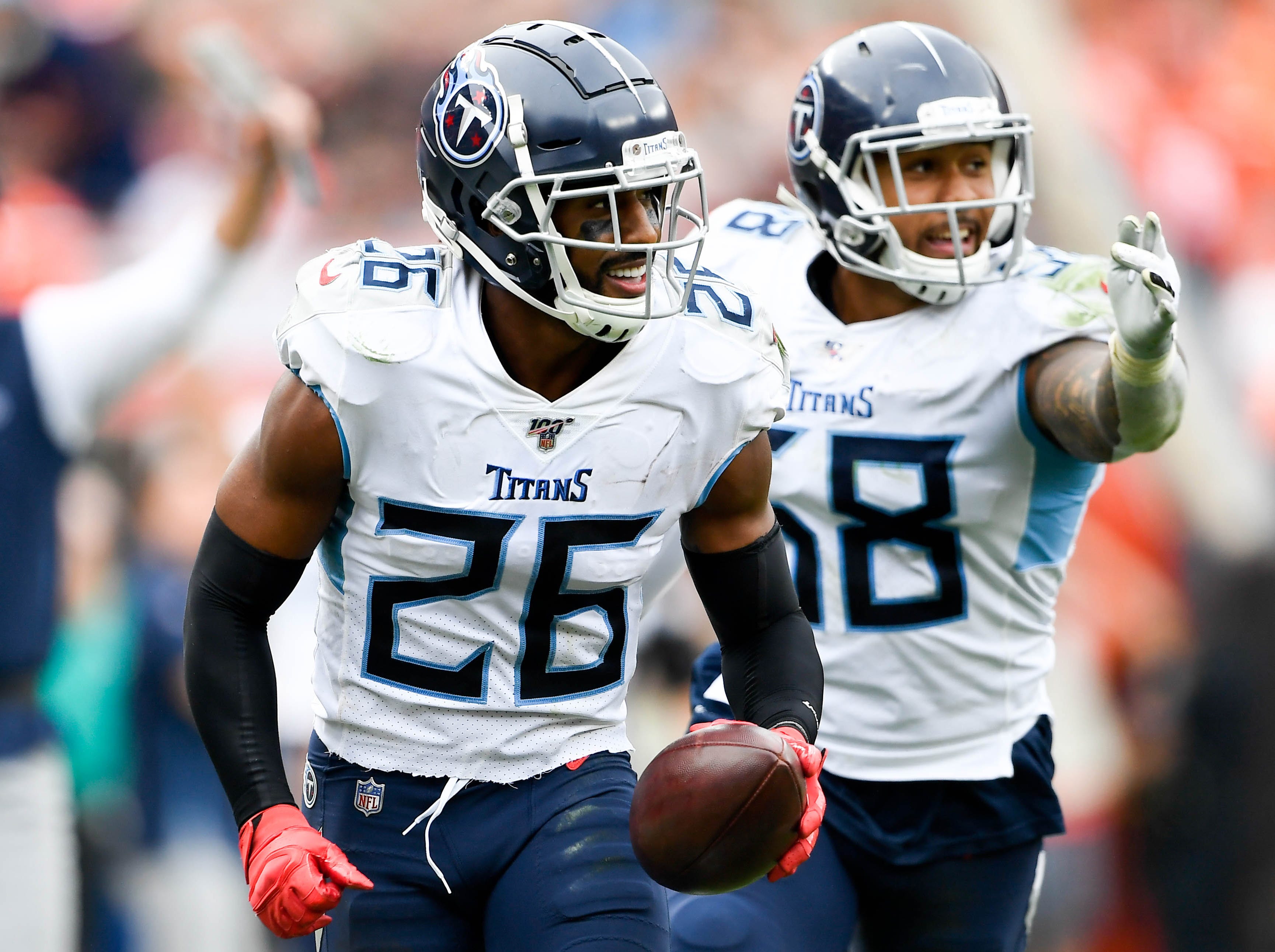 26 Logan Ryan, CB (How many Titans have worn the number: 10) Here, Tennessee Titans cornerback Ryan (26) celebrates his interception against the Cleveland Browns at FirstEnergy Stadium Sept. 8, 2019 in Cleveland, Ohio. Gw55058
