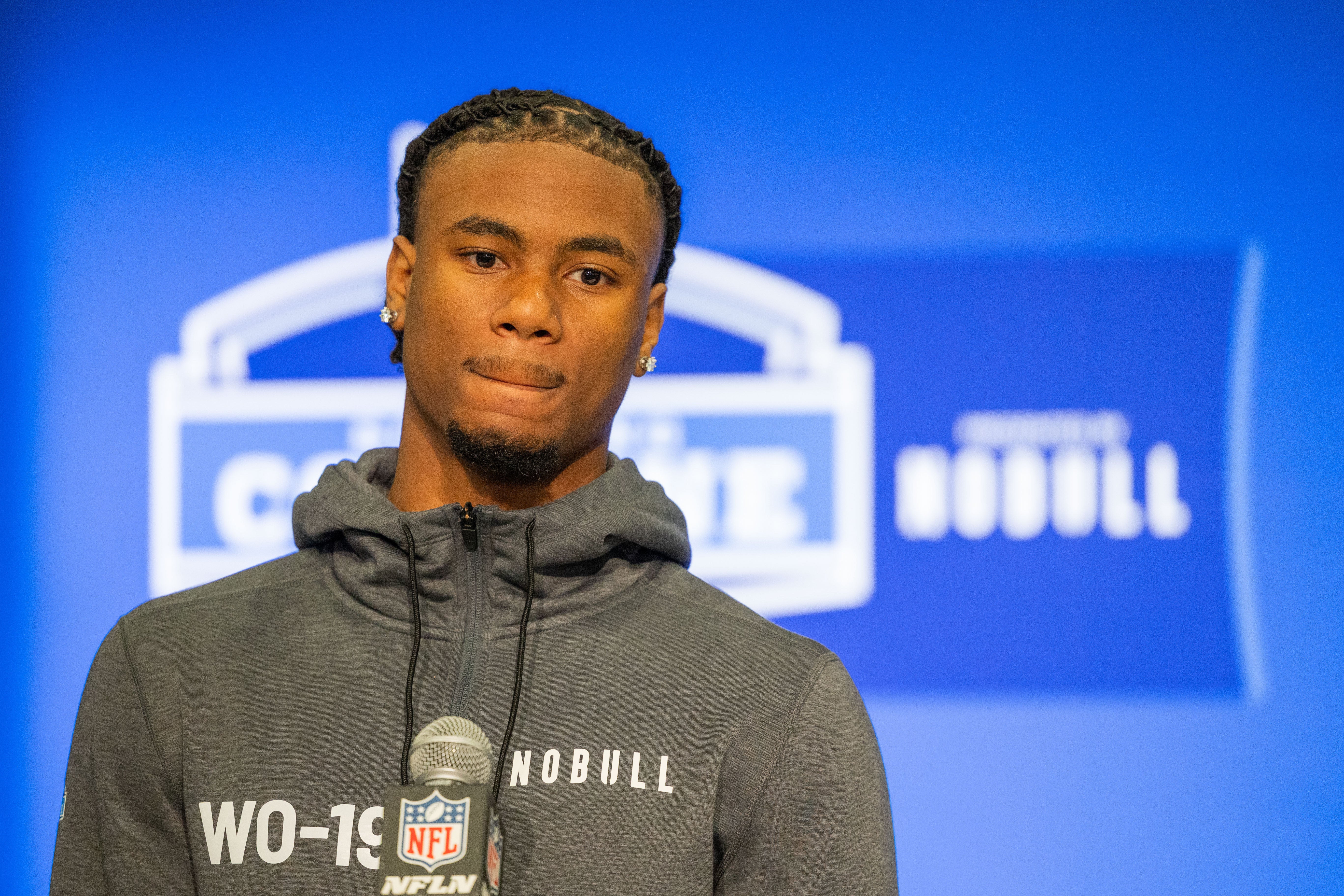 Mar 1, 2024; Indianapolis, IN, USA; Texas wide receiver Adonai Mitchell (WO19) talks to the media during the 2024 NFL Combine at Lucas Oil Stadium. Mandatory Credit: Trevor Ruszkowski-USA TODAY Sports