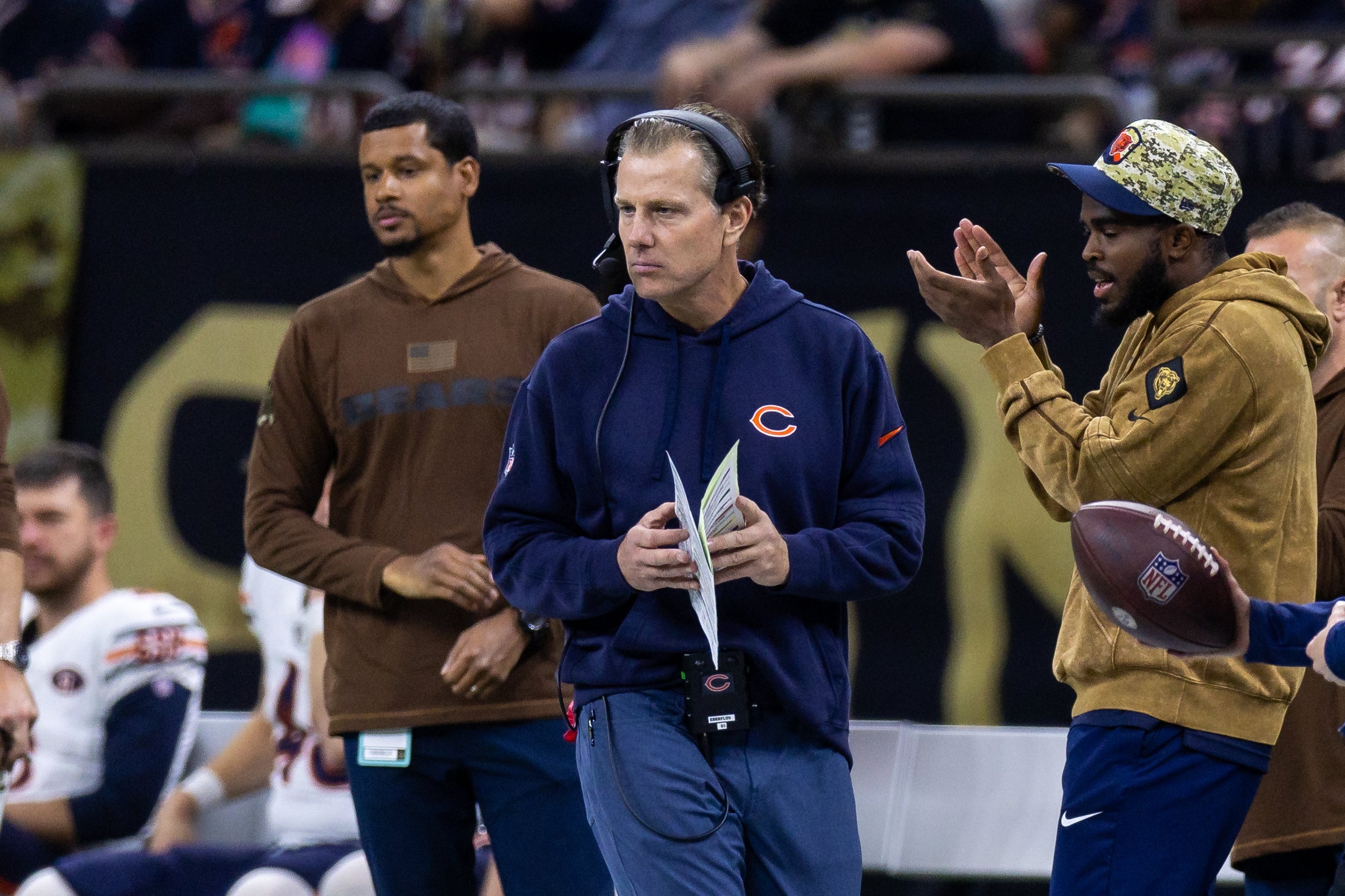 Nov 5, 2023; New Orleans, Louisiana, USA; Chicago Bears head coach Matt Eberflus looks on against the New Orleans Saints during the second half at the Caesars Superdome.