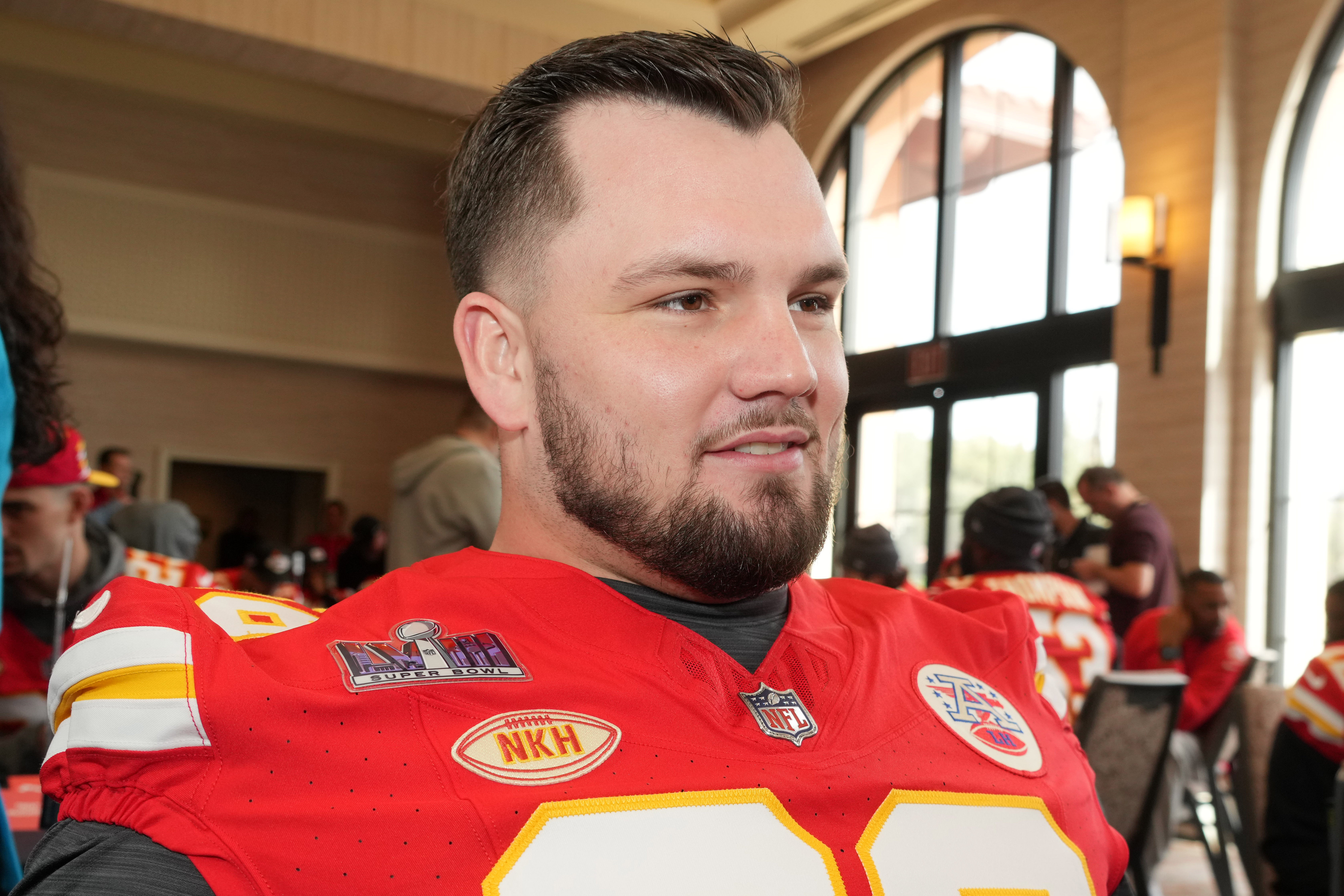 Feb 7, 2024; Las Vegas, NV, USA; Kansas City Chiefs guard Mike Caliendo (66) during a press conference before Super Bowl LVIII at Westin Lake Las Vegas Resort and Spa.