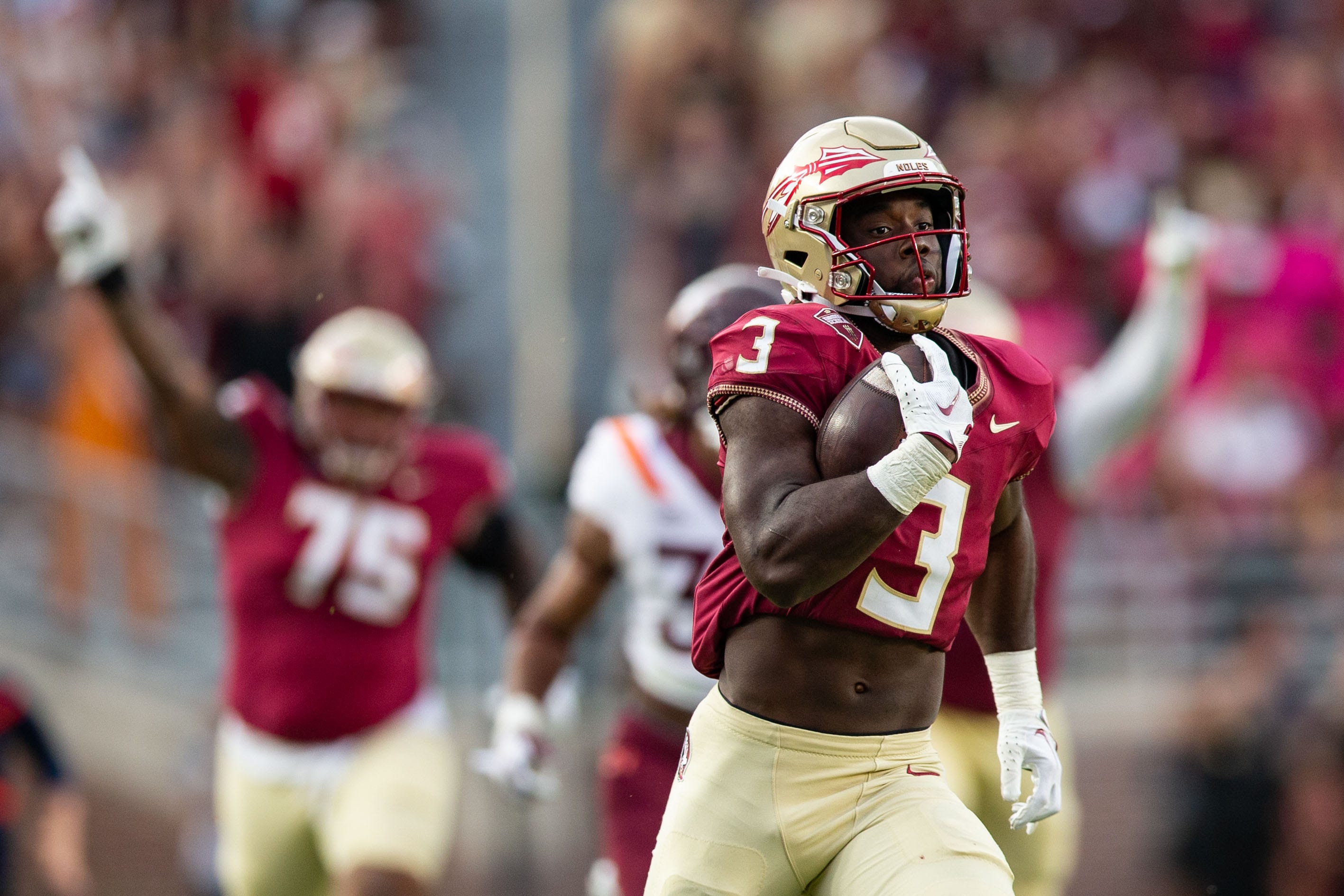 Florida State Seminoles running back Trey Benson (3) runs the ball in for a touchdown. The Florida State Seminoles defeated the Virginia Tech Hokies 39-17 at Doak Campbell Stadium on Saturday, Oct. 7, 2023.