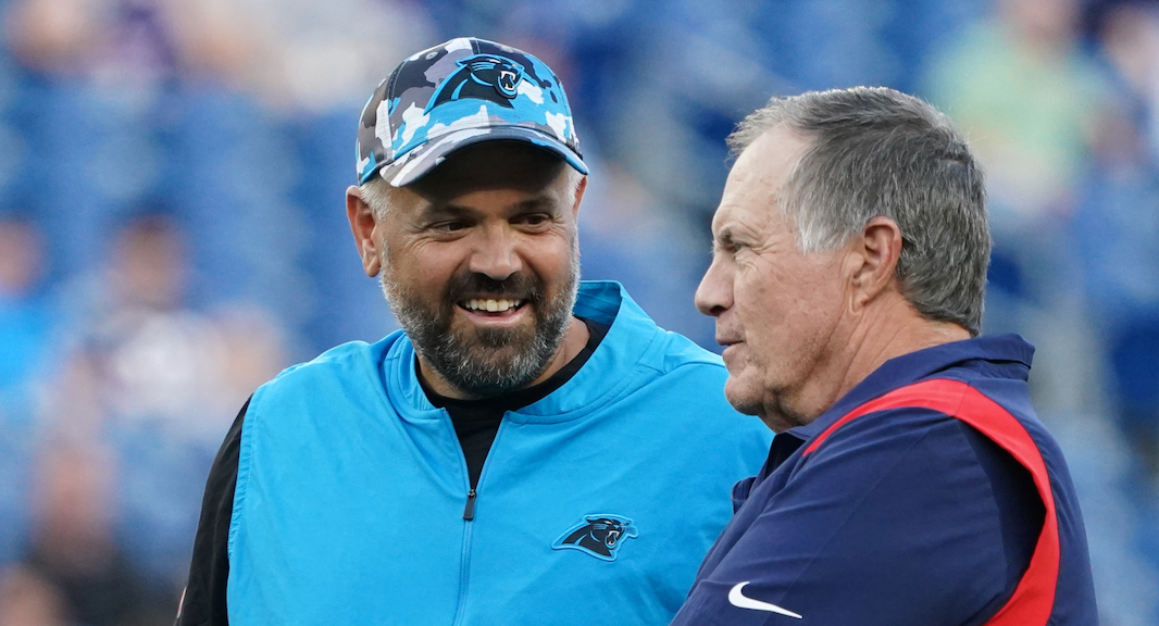 Aug 19, 2022; Foxborough, Massachusetts, USA; New England Patriots head coach Bill Belichick and Carolina Panthers head coach Matt Rhule on the field before the start of the game at Gillette Stadium.