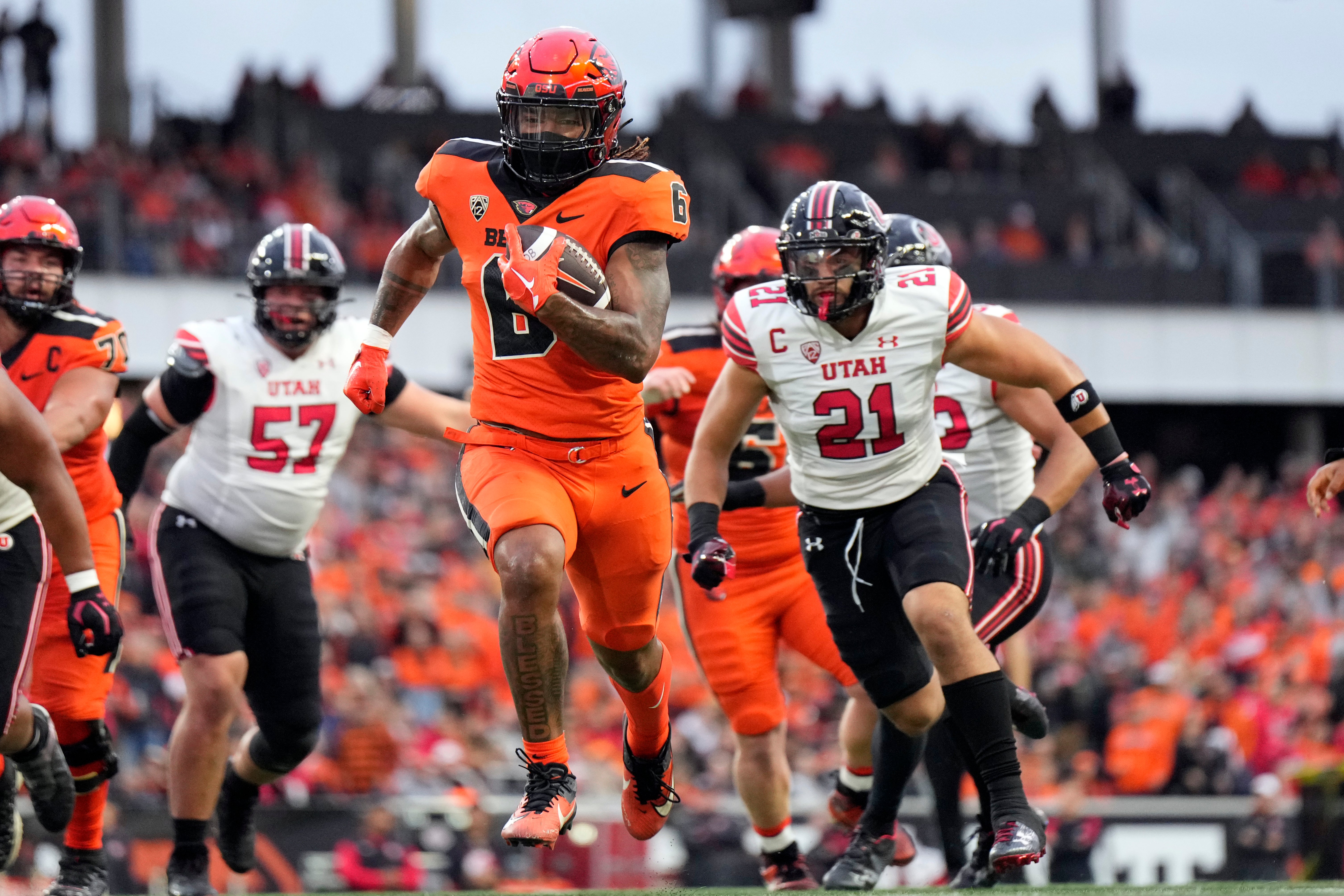Sep 29, 2023; Corvallis, Oregon, USA; Oregon State Beavers running back Damien Martinez (6) runs the ball during the first half against the Utah Utes at Reser Stadium.
