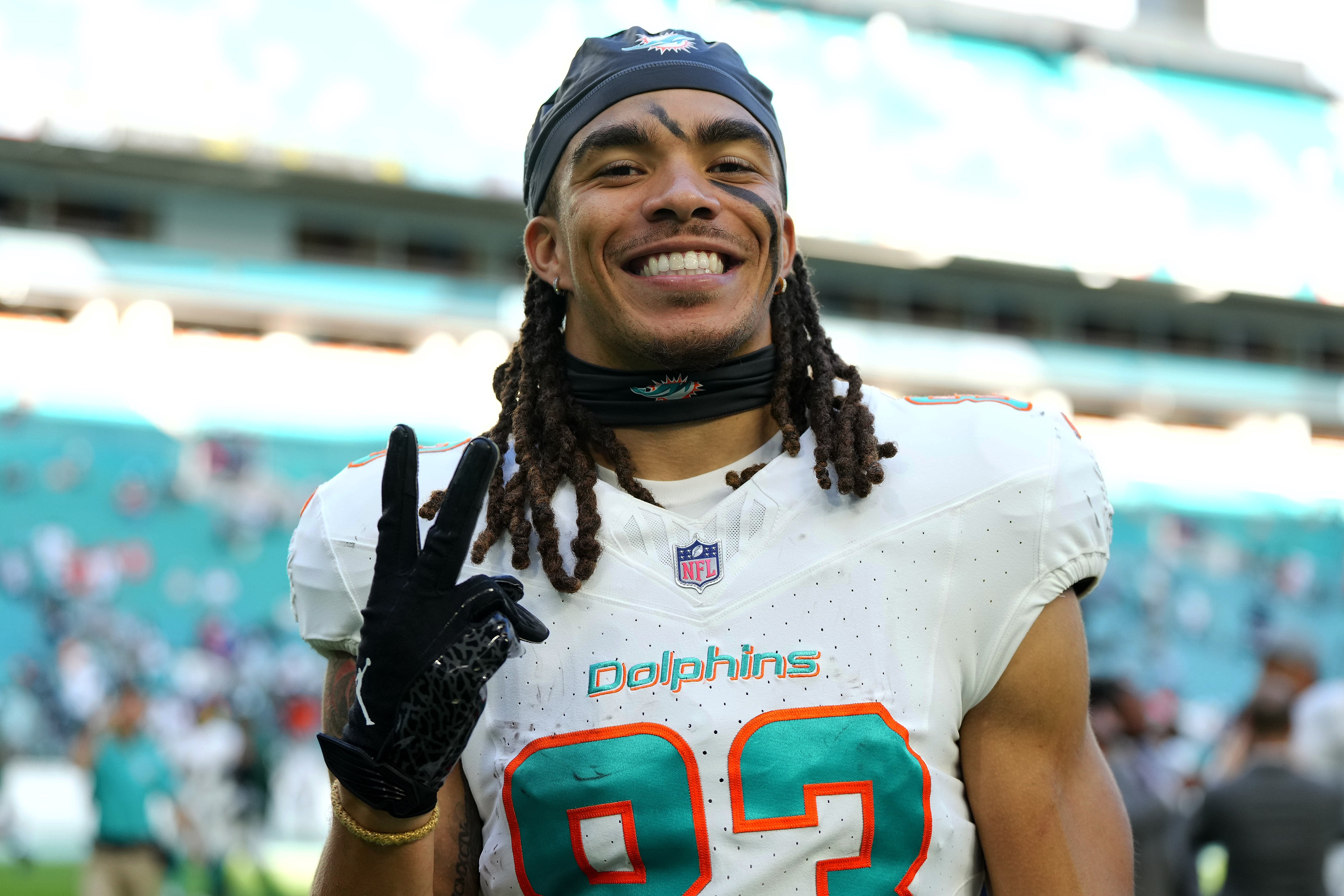 Dec 17, 2023; Miami Gardens, Florida, USA; Miami Dolphins wide receiver Chase Claypool (83) celebrates after defeating the New York Jets at Hard Rock Stadium.