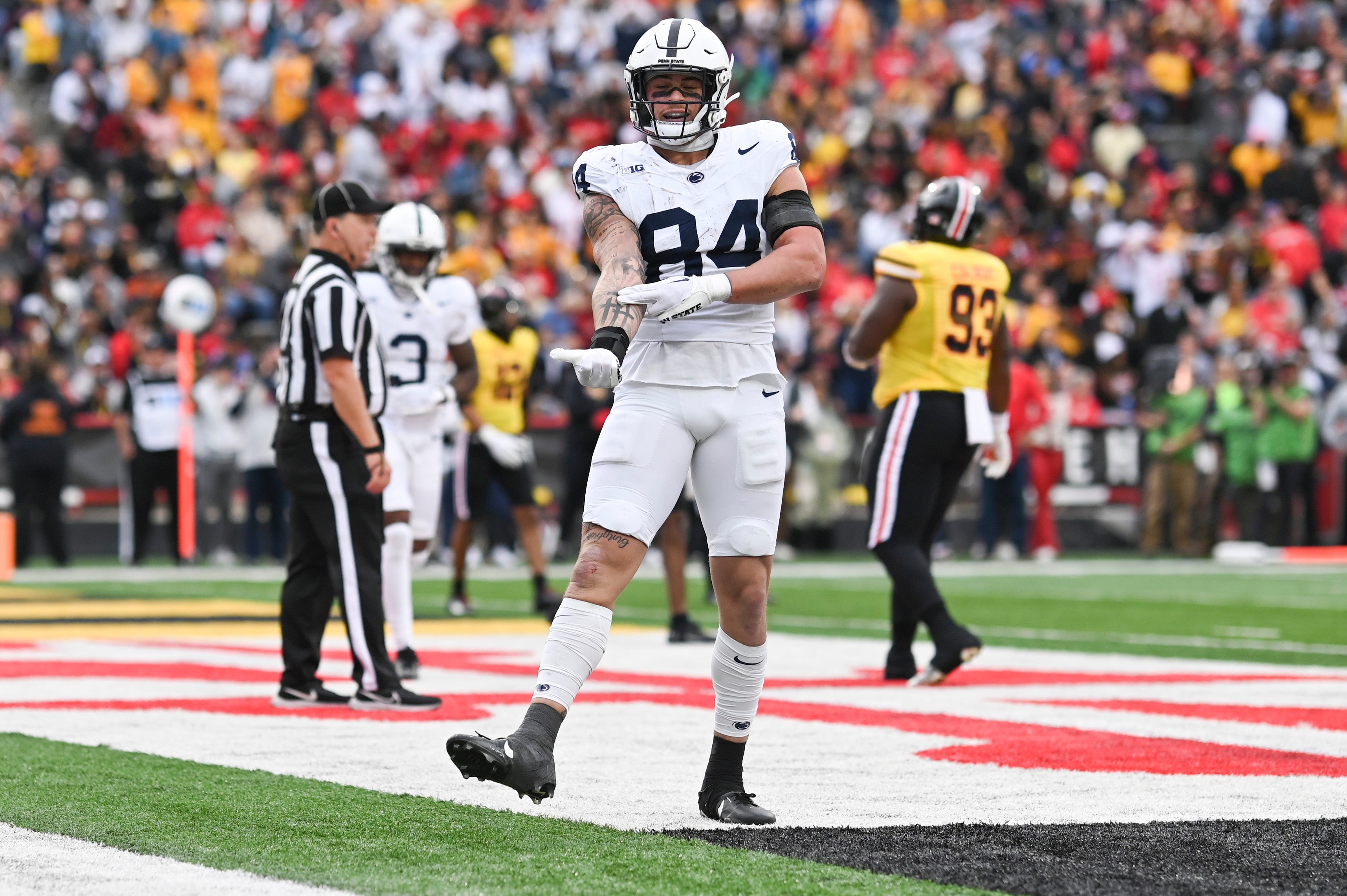 Nov 4, 2023; College Park, Maryland, USA; Penn State Nittany Lions tight end Theo Johnson (84) reacts after catching a shovel pass for a touchdown during the first half against the Maryland Terrapins at SECU Stadium.