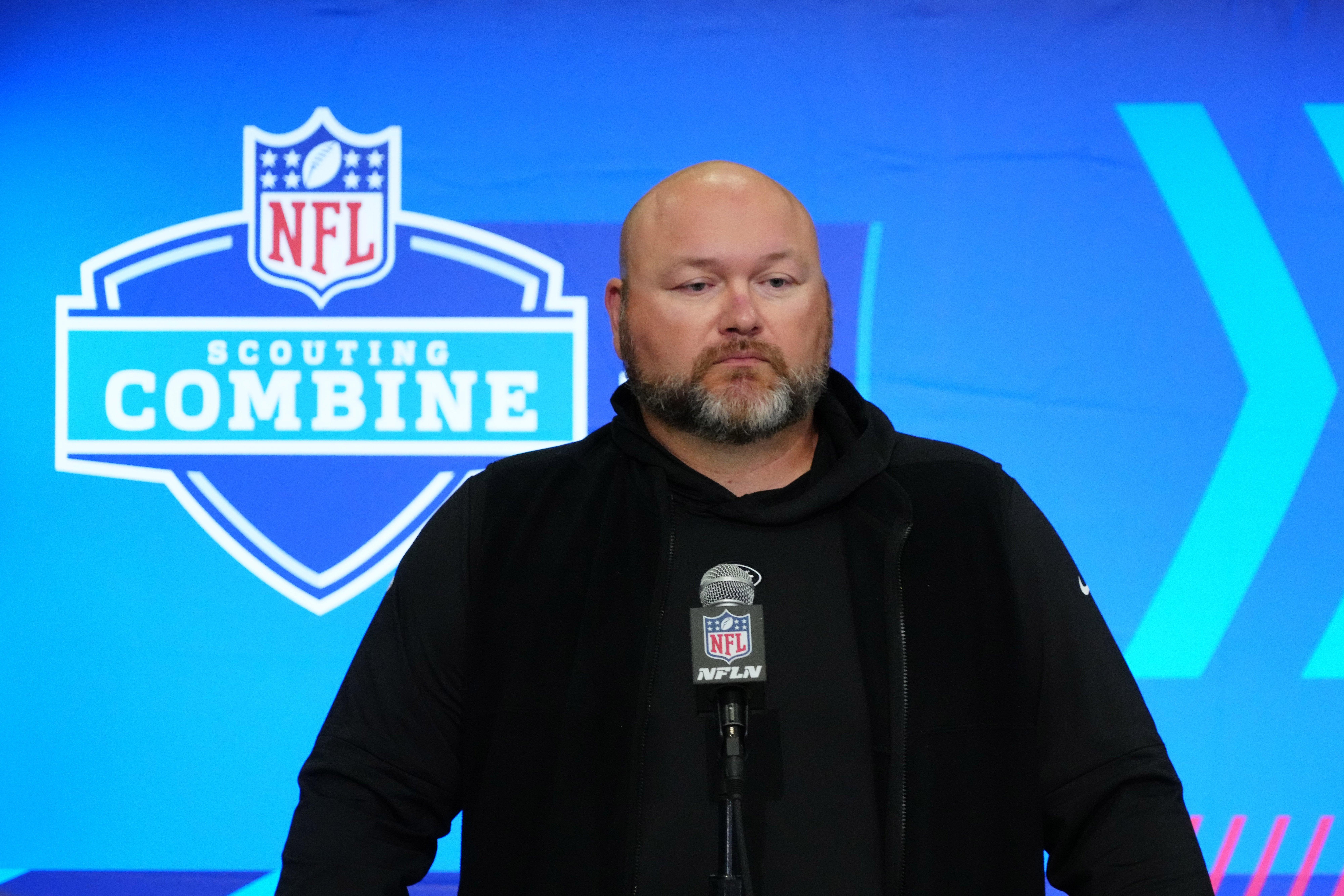 New York Jets general manager Joe Douglas speaks at a press conference at the NFL Scouting Combine at Indiana Convention Center.