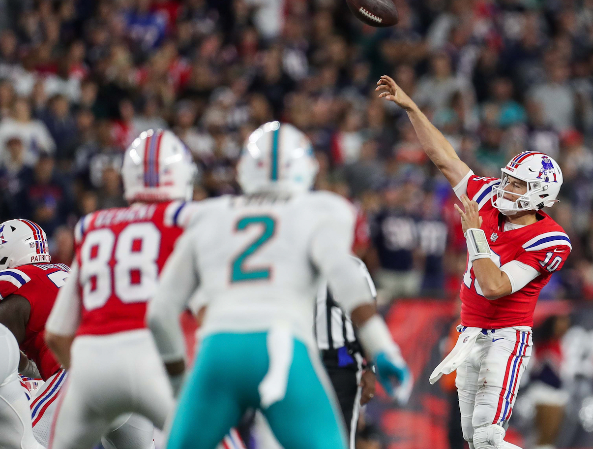 Sep 17, 2023; Foxborough, Massachusetts, USA; New England Patriots quarterback Mac Jones (10) passes the ball during the second half against the Miami Dolphins at Gillette Stadium.