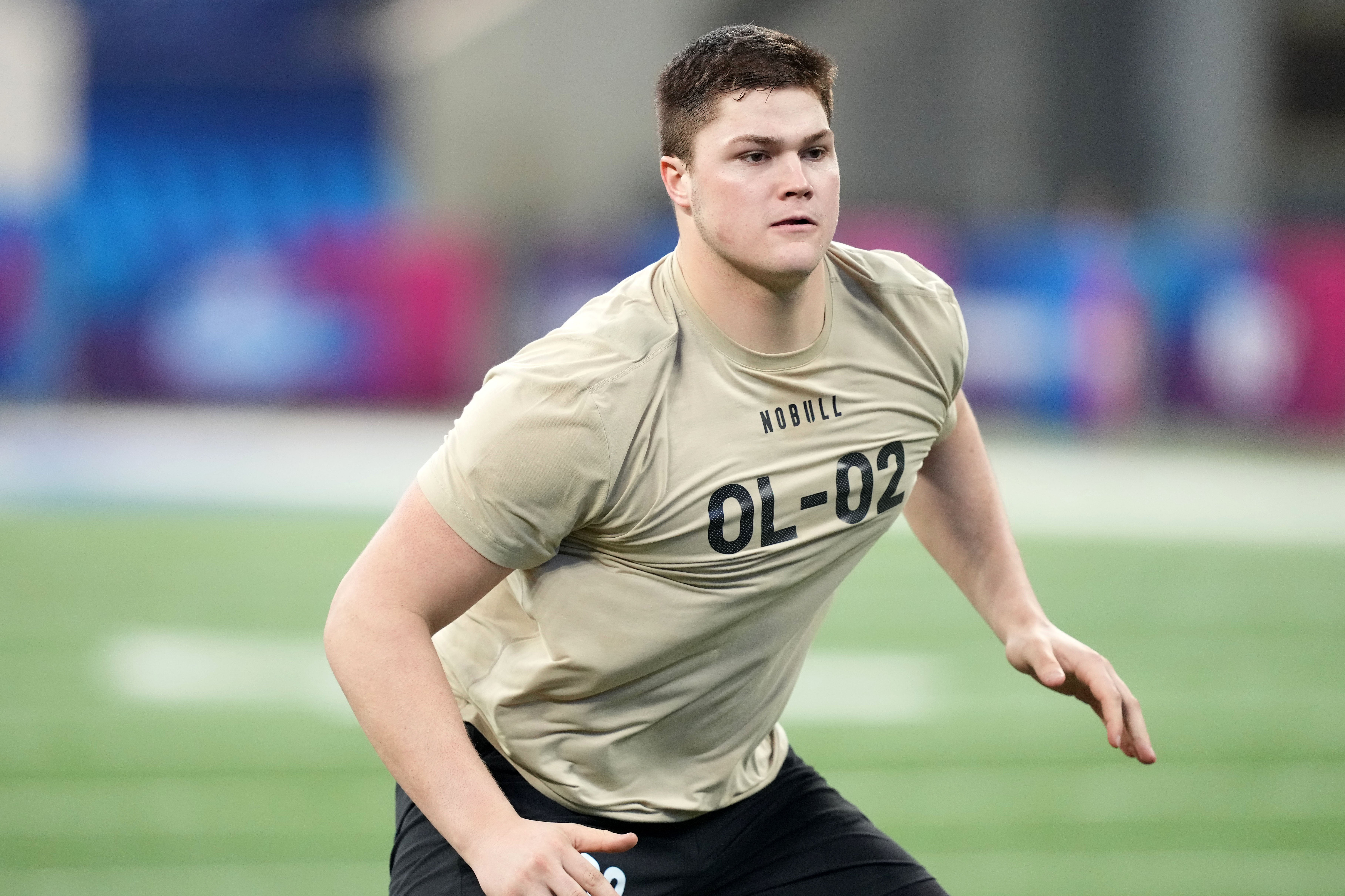 Mar 3, 2024; Indianapolis, IN, USA; Notre Dame offensive lineman Joe Alt (OL02) during the 2024 NFL Combine at Lucas Oil Stadium.