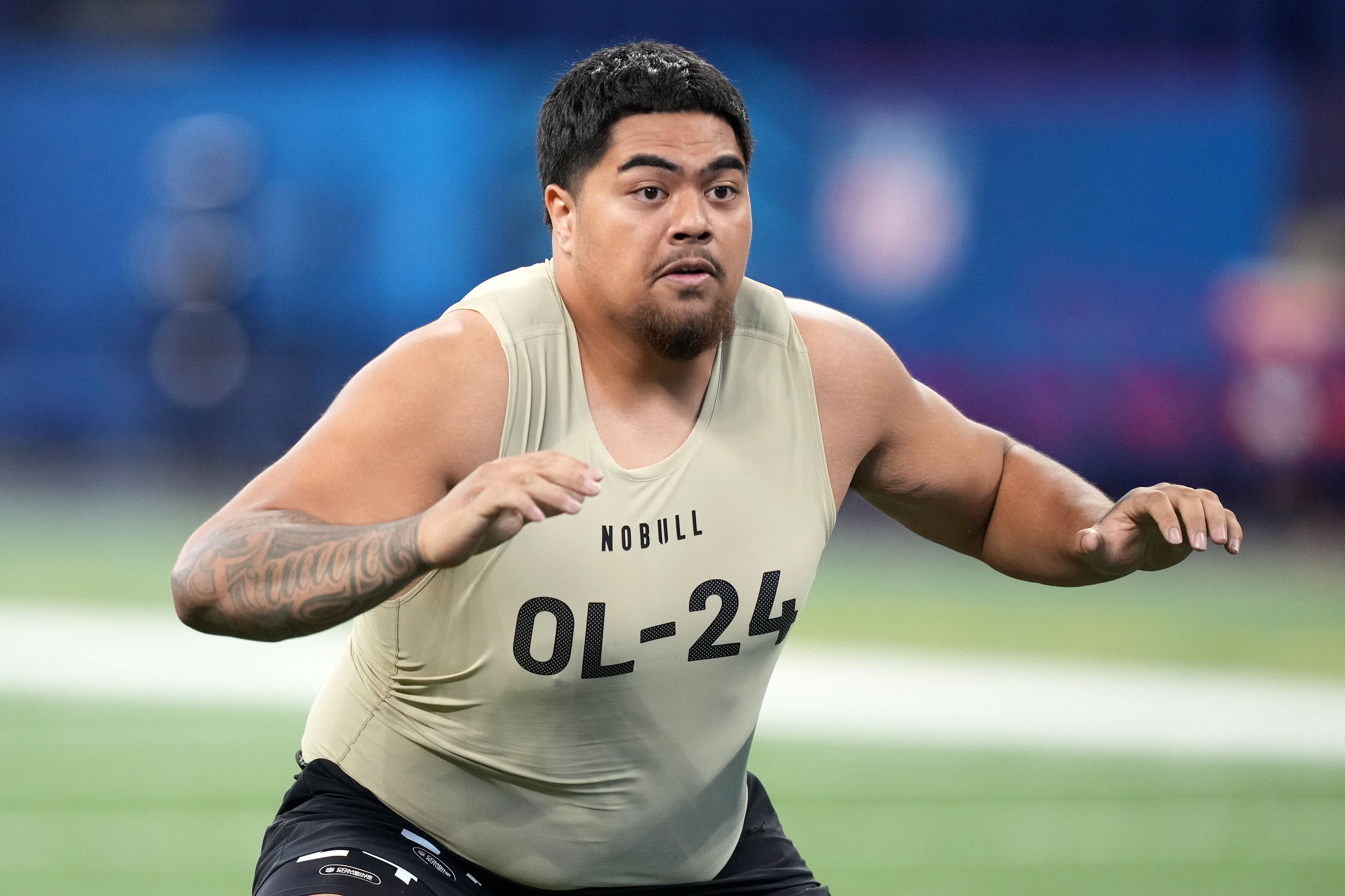 Mar 3, 2024; Indianapolis, IN, USA; Oregon State offensive lineman Taliese Fuaga (OL24) during the 2024 NFL Combine at Lucas Oil Stadium.