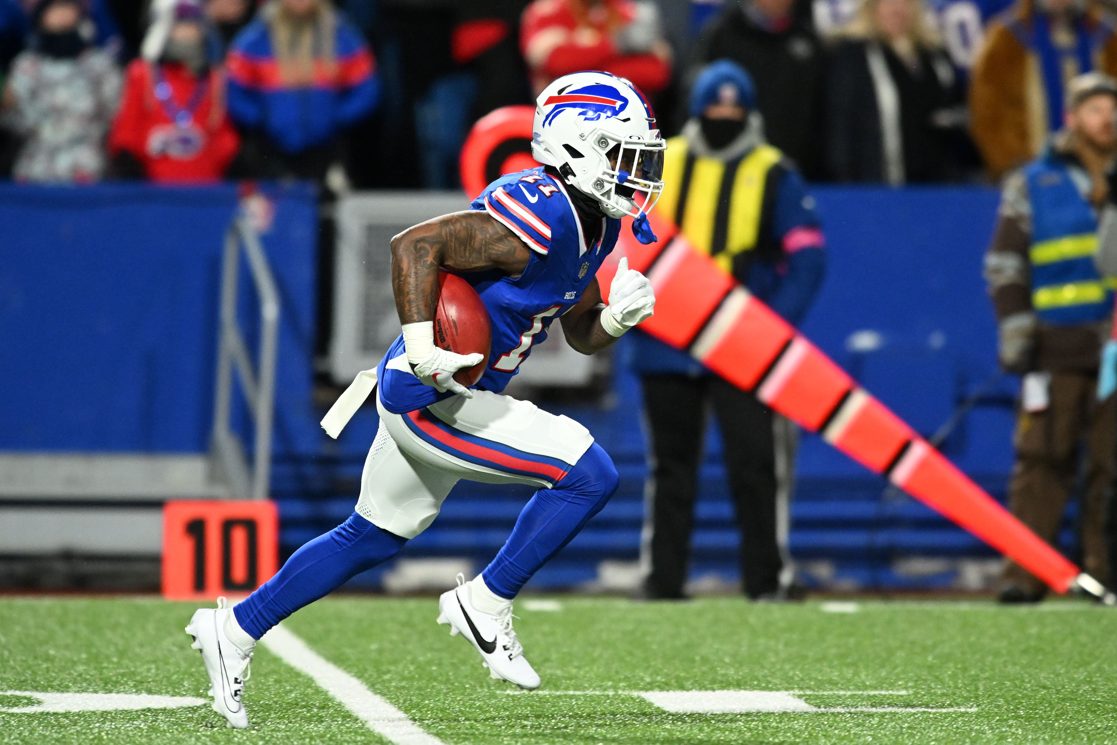 Jan 21, 2024; Orchard Park, New York, USA; Buffalo Bills wide receiver Deonte Harty (11) returns a kickoff against the Kansas City Chiefs in the first half of the 2024 AFC divisional round game at Highmark Stadium. Mandatory Credit: Mark Konezny-USA TODAY Sports