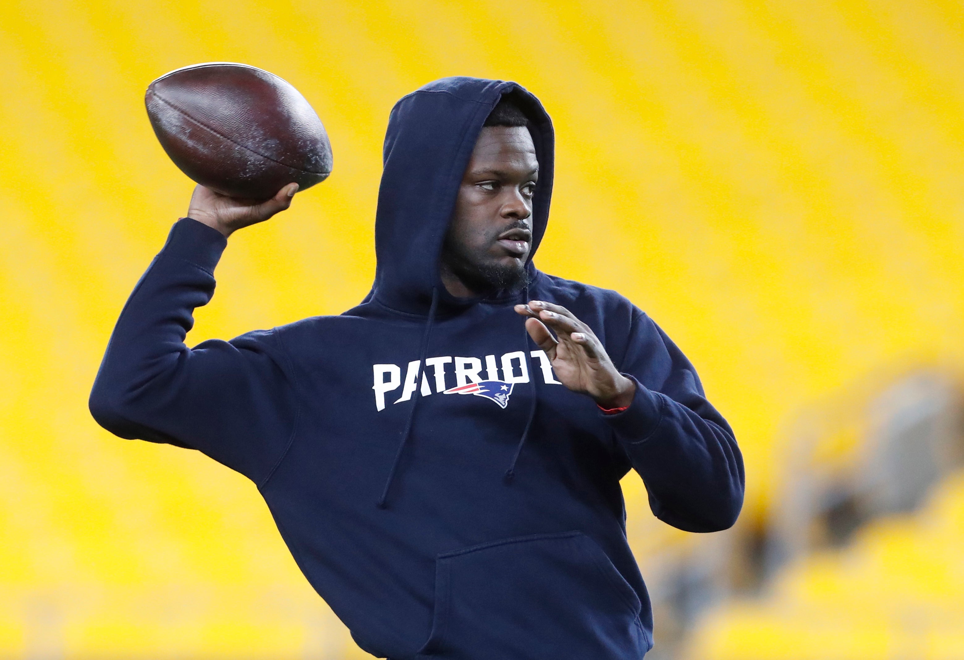 Dec 7, 2023; Pittsburgh, Pennsylvania, USA; New England Patriots quarterback Malik Cunningham (16) warms up before the game against the Pittsburgh Steelers at Acrisure Stadium.