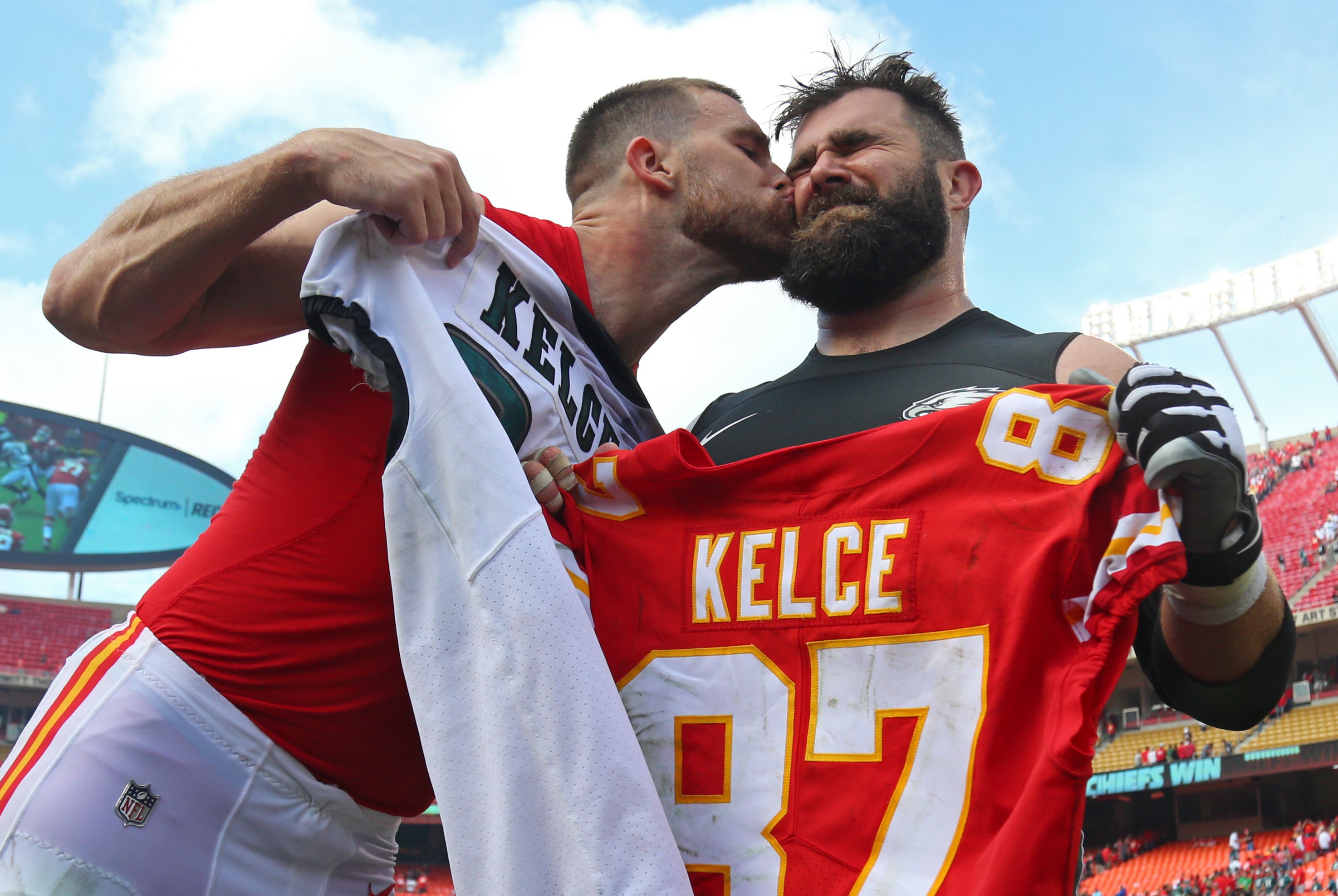 Sep 17, 2017; Kansas City, MO, USA; Kansas City Chiefs tight end Travis Kelce (87) kisses Philadelphia Eagles center Jason Kelce (62) after the game at Arrowhead Stadium.