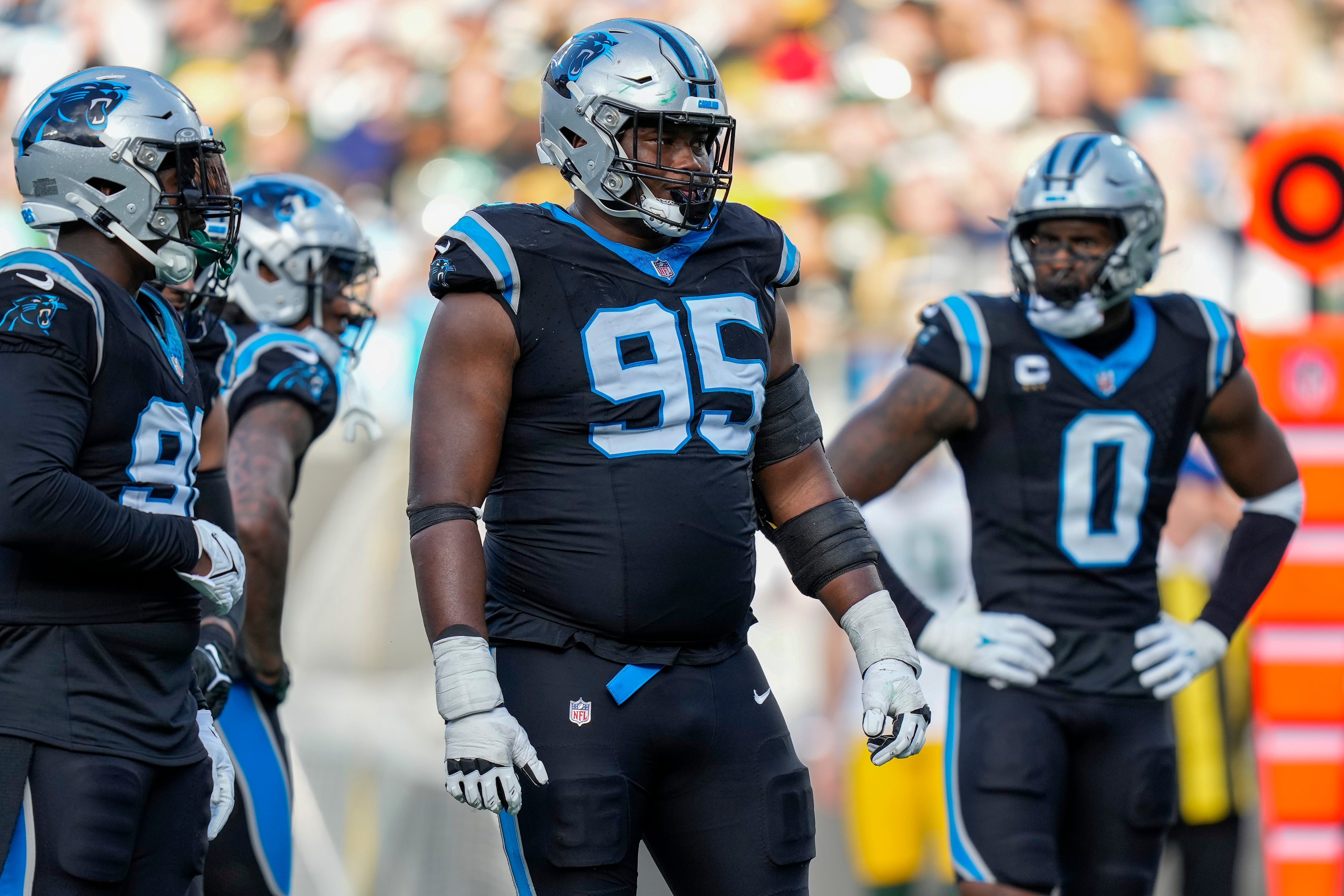 Dec 24, 2023; Charlotte, North Carolina, USA; Carolina Panthers defensive tackle Derrick Brown (95) during the second half against the Green Bay Packers at Bank of America Stadium. Mandatory Credit: Jim Dedmon-USA TODAY Sports