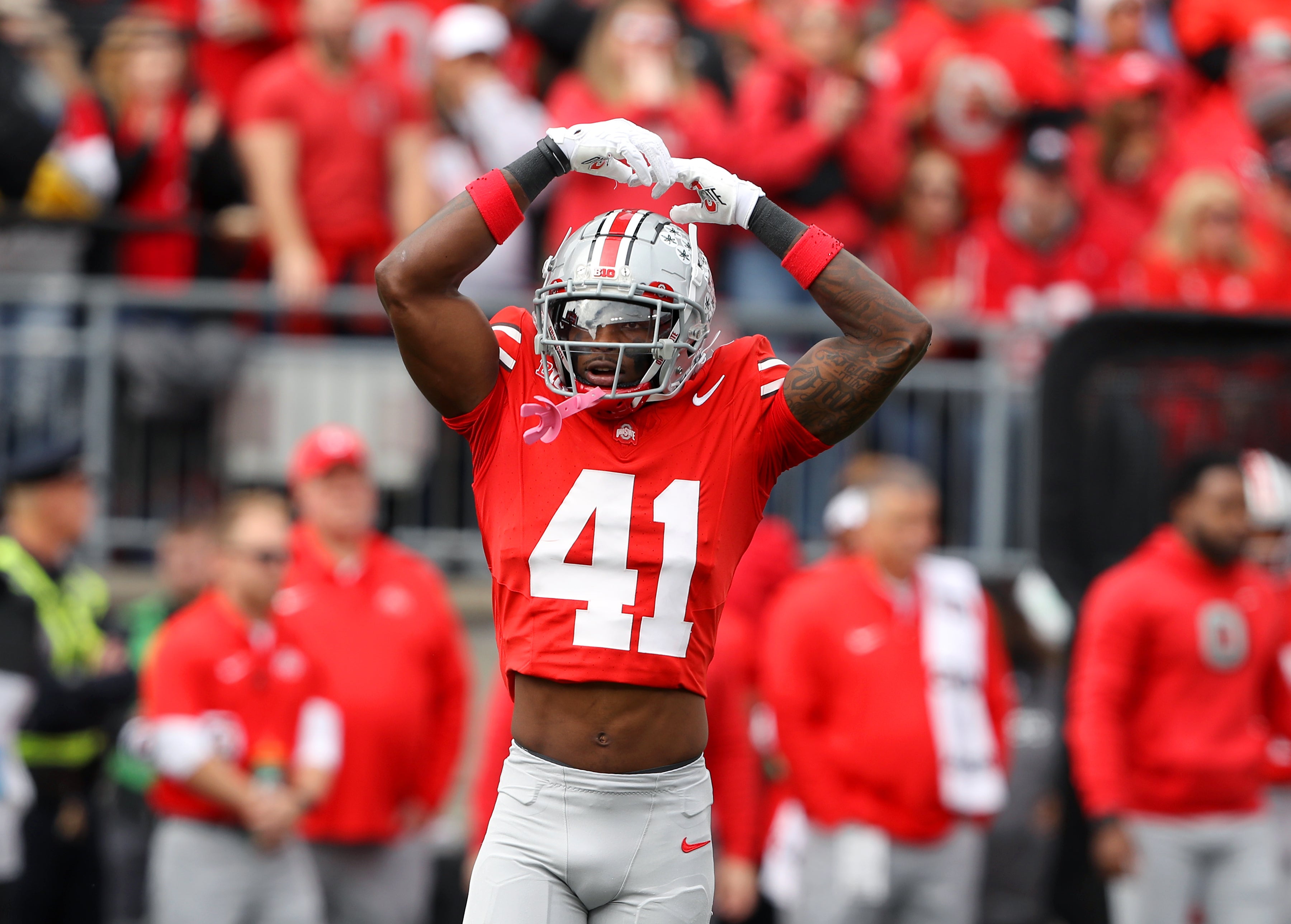 Oct 21, 2023; Columbus, Ohio, USA; Ohio State Buckeyes safety Josh Proctor (41) reacts during the second quarter against the Penn State Nittany Lions at Ohio Stadium.