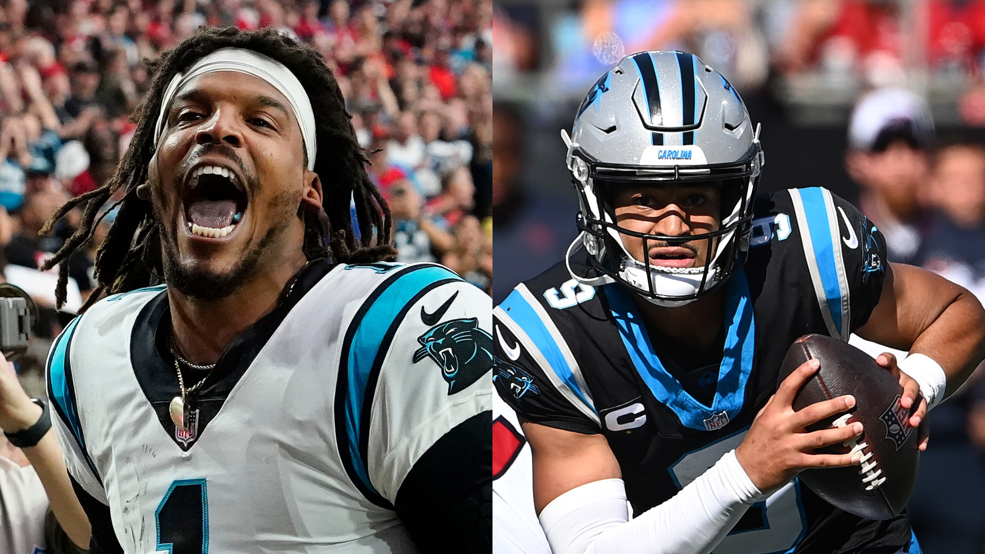 Carolina Panthers quarterback Cam Newton yells \"I'm back!\" after scoring a rushing touchdown against the Arizona Cardinals in a game in 2021. Oct 29, 2023; Charlotte, North Carolina, USA; Carolina Panthers quarterback Bryce Young (9) scrambles as Houston Texans defensive tackle Khalil Davis (94) defends in the second quarter at Bank of America Stadium. Bob Donnan-USA TODAY Sports