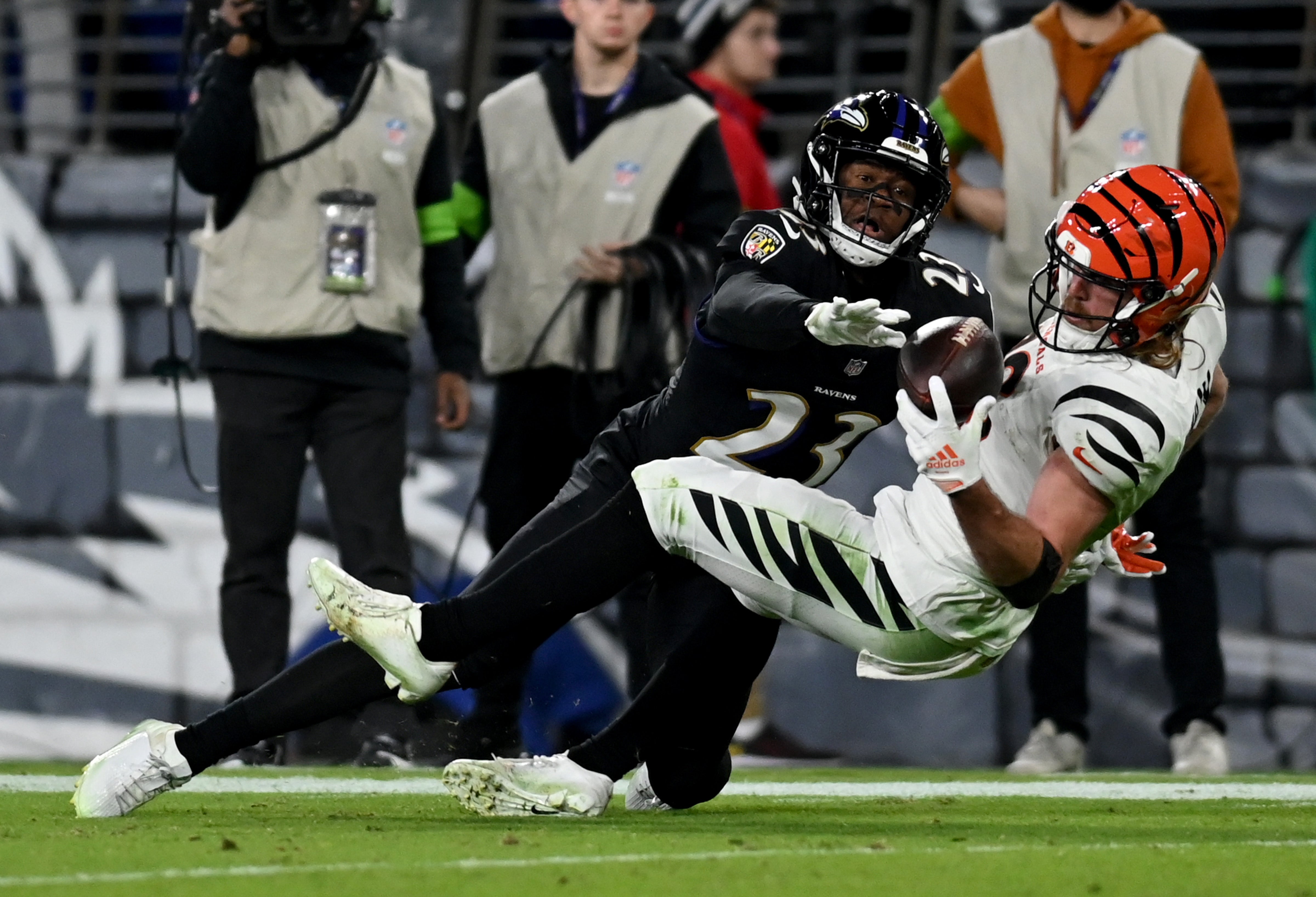 Nov 16, 2023; Baltimore, Maryland, USA; Baltimore Ravens cornerback Rock Ya-Sin (23) is called for pass interference against Cincinnati Bengals wide receiver Trenton Irwin (16) during the third quarter at M&T Bank Stadium.